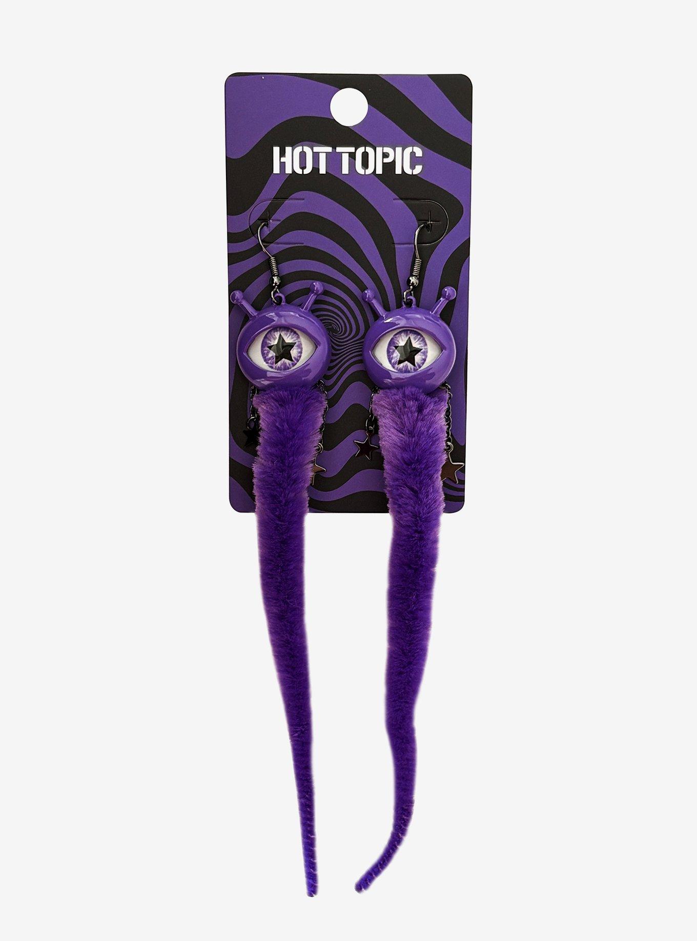 Purple Eyeball Fuzzy Worm Drop Earrings, , hi-res
