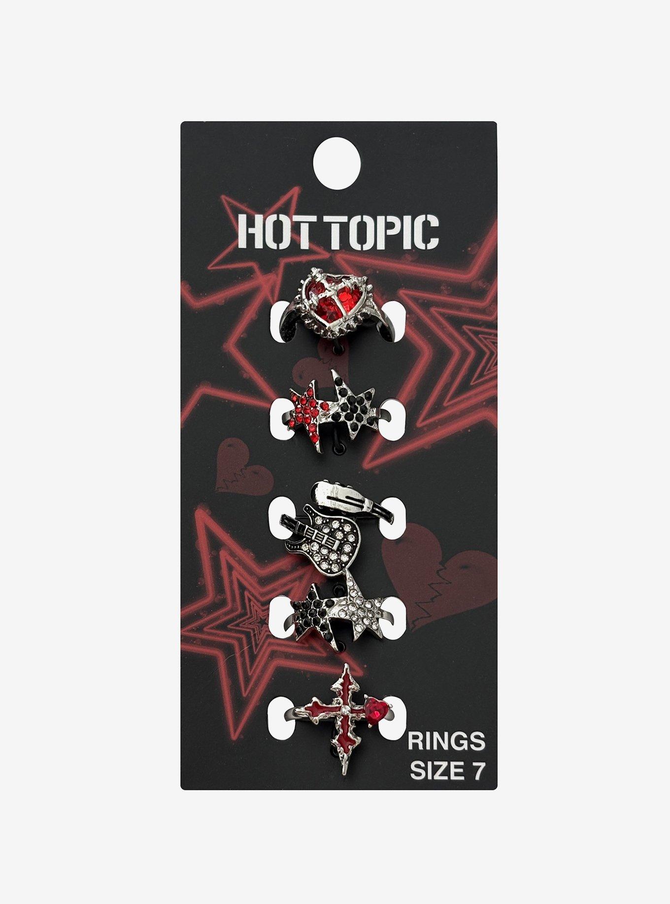 Red & Black Aurora Star Guitar & Cross Ring Set, , hi-res