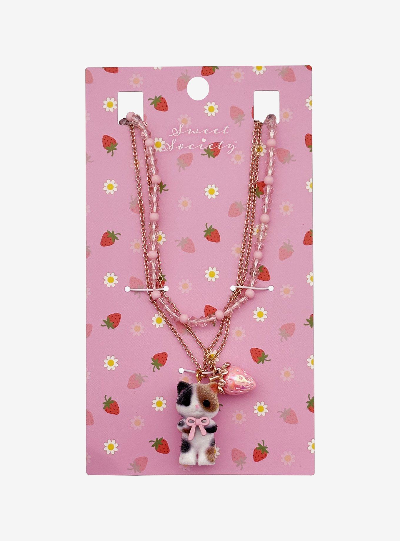 Sweet Society Pink Strawberry & Cat Necklace Set, , hi-res