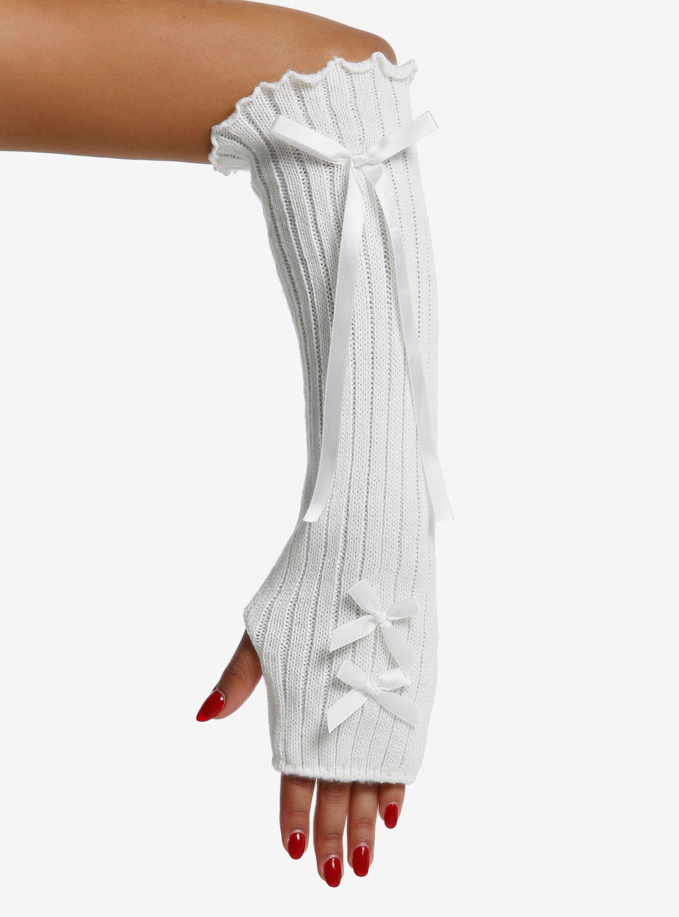 Cream Bow Ribbed Arm Warmers, , hi-res