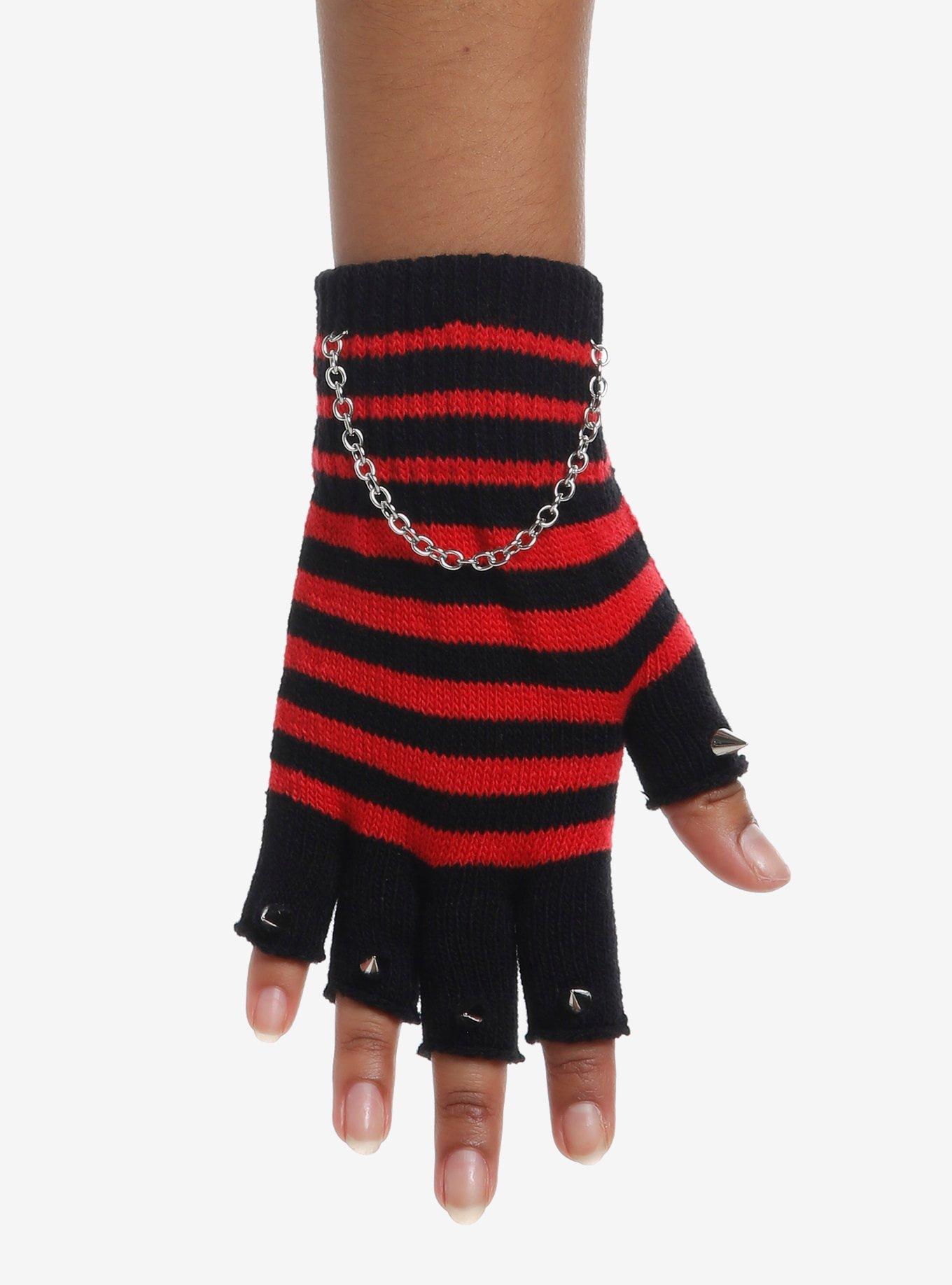 Red & Black Stripe Chain Spike Fingerless Gloves, , hi-res