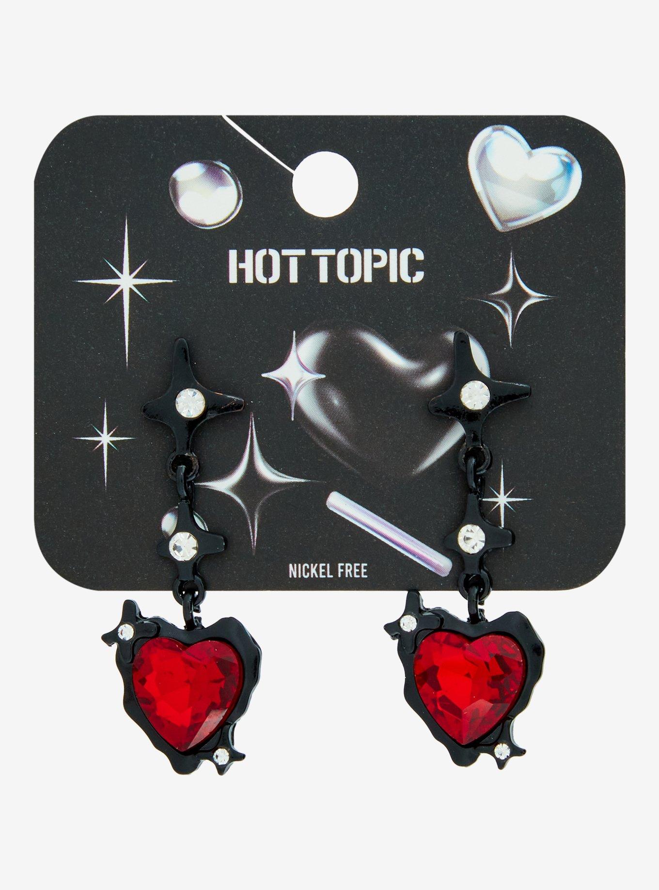 Black & Red Heart Gem Drop Earrings, , hi-res