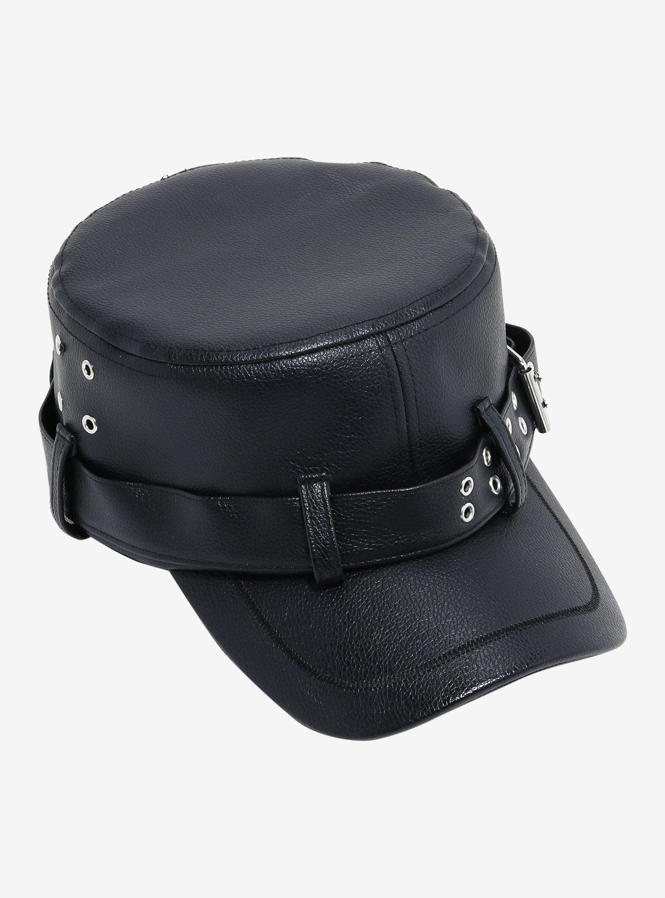 Black Faux Leather Grommet Strap Cadet Hat, , hi-res