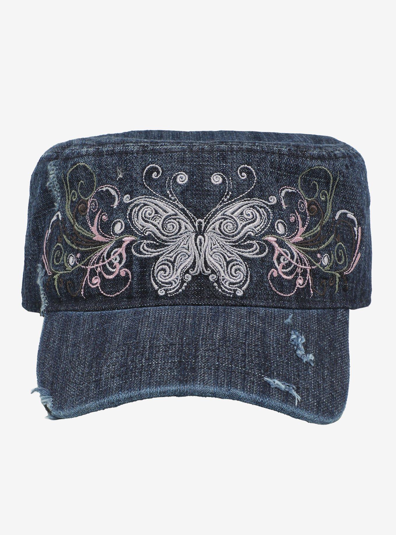 cadet cap with butterflies, new condition ? Womens Trucker Hat - Exotic Blue Butterfly Embroidered Cap  main image 4