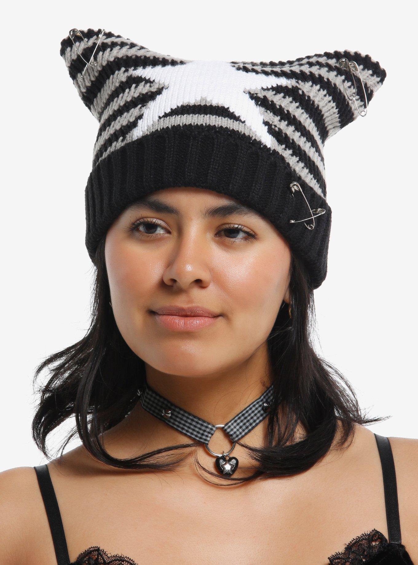 Black & Grey Star Subtle Ear Pierced Beanie, , hi-res