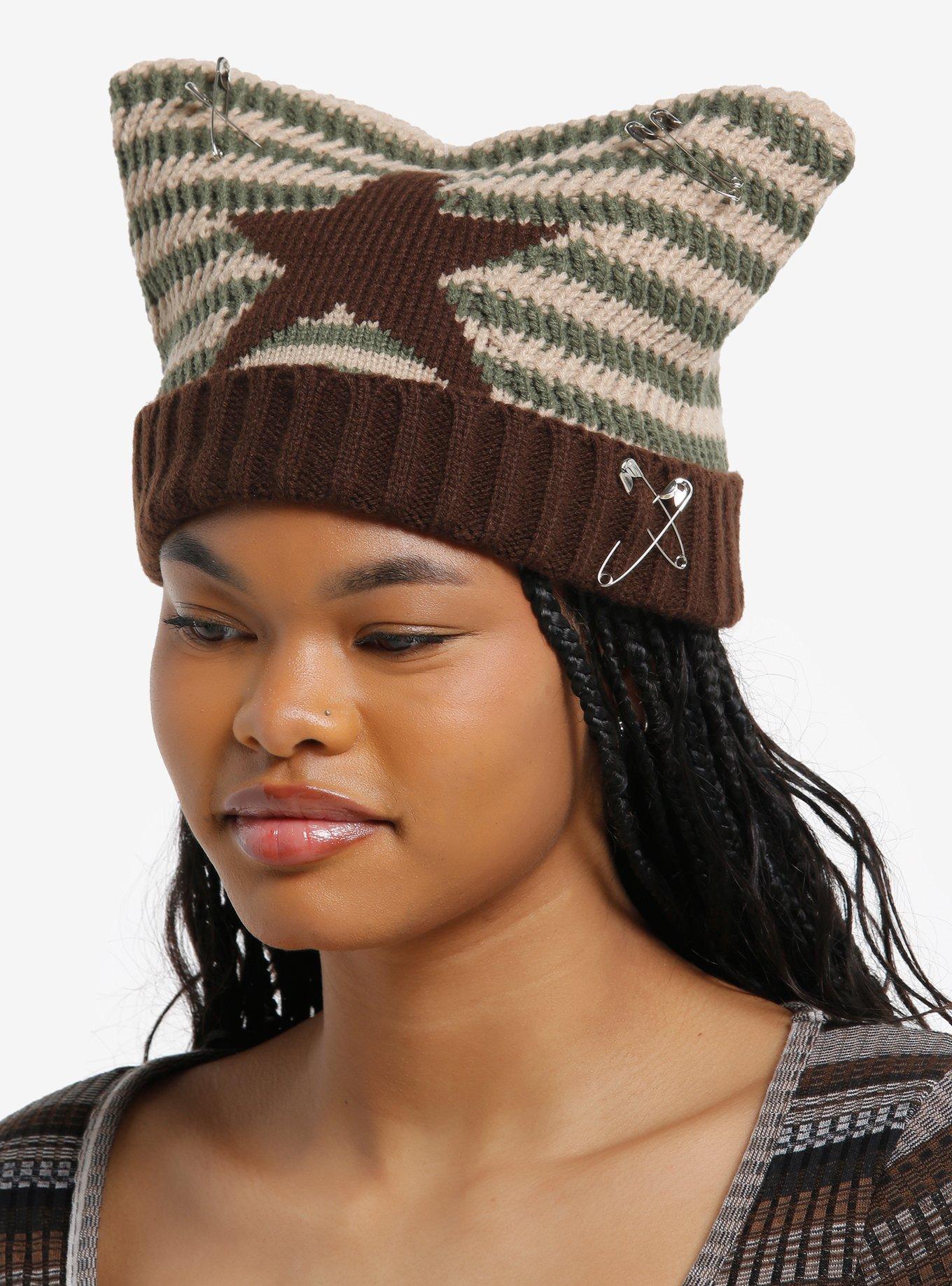 Brown & Green Star Subtle Ear Pierced Beanie, , hi-res