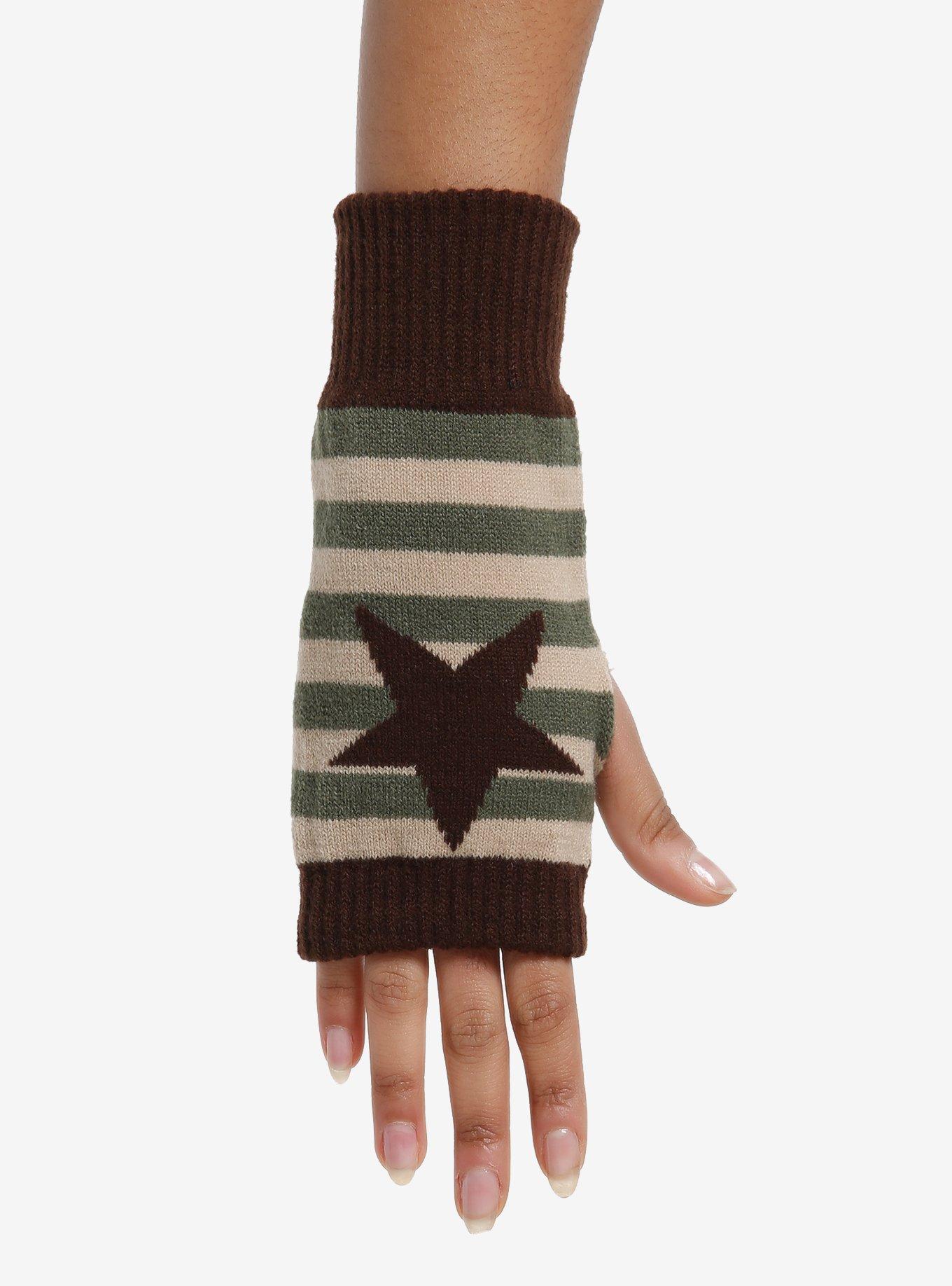 Green Brown Star Stripe Fingerless Gloves, , hi-res