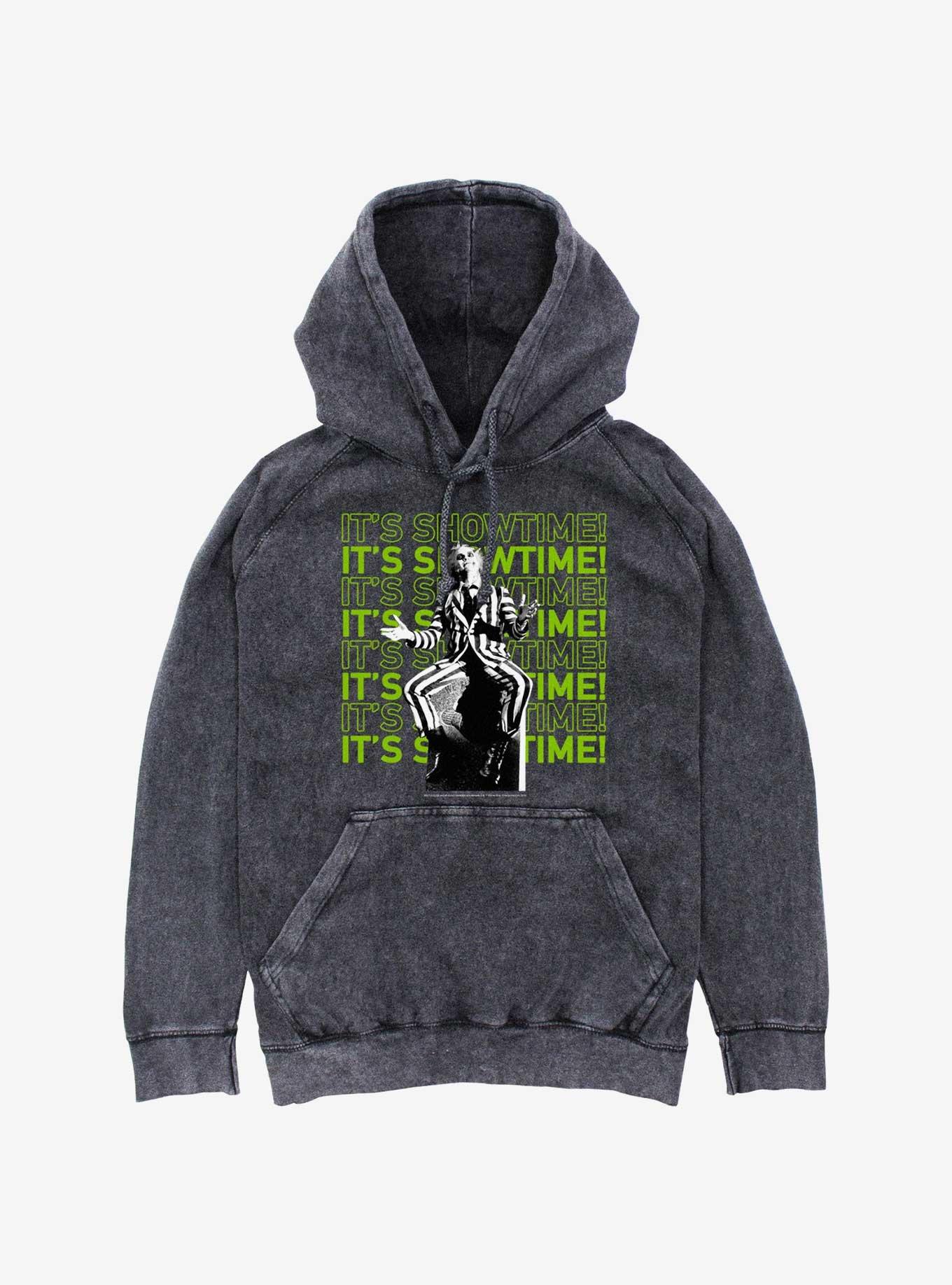 Beetlejuice It's Showtime Repeating Text Mineral Wash Hoodie, BLACK, hi-res