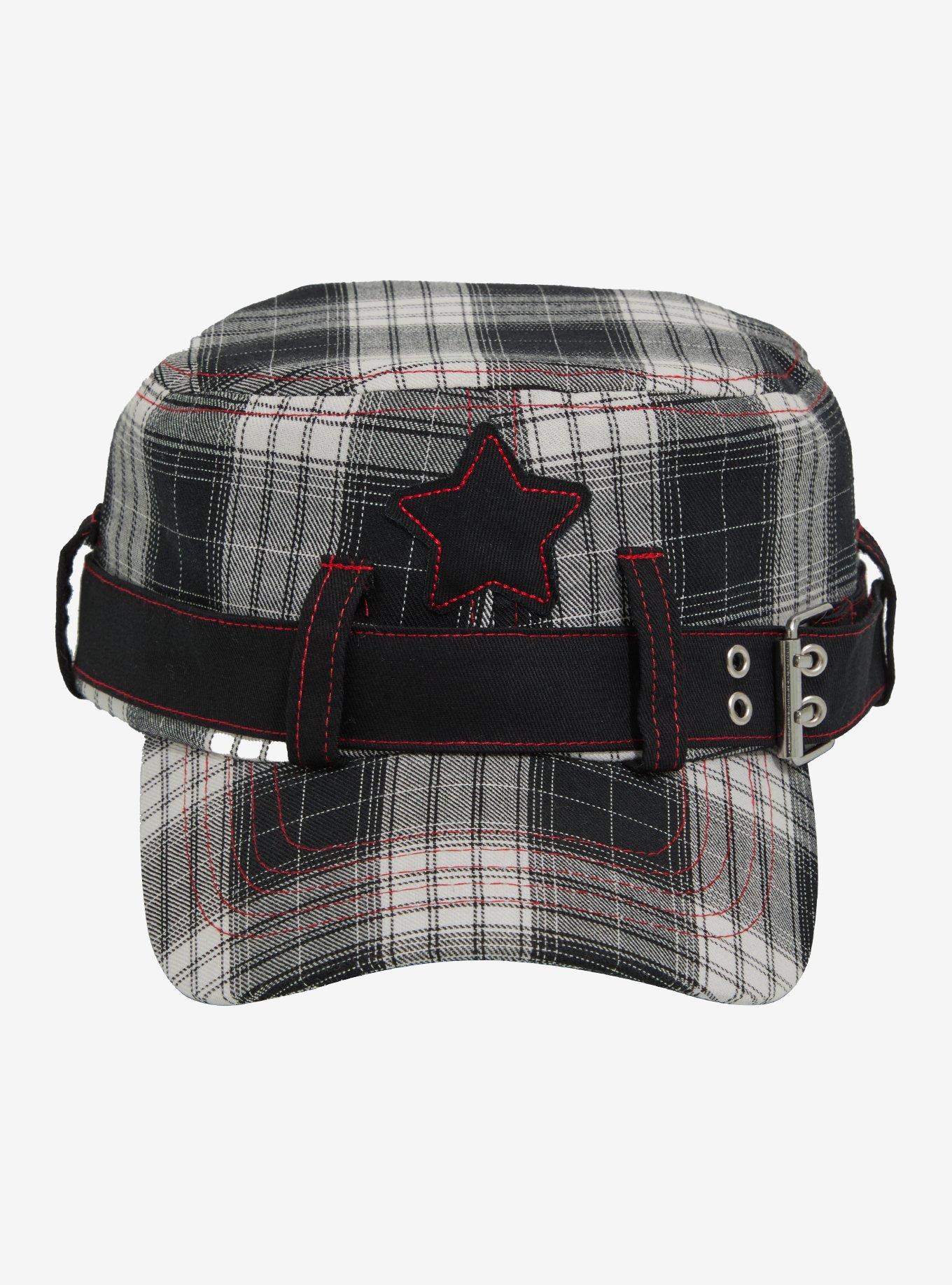 Black Plaid & Red Stitch Star Buckle Cadet Hat, , hi-res