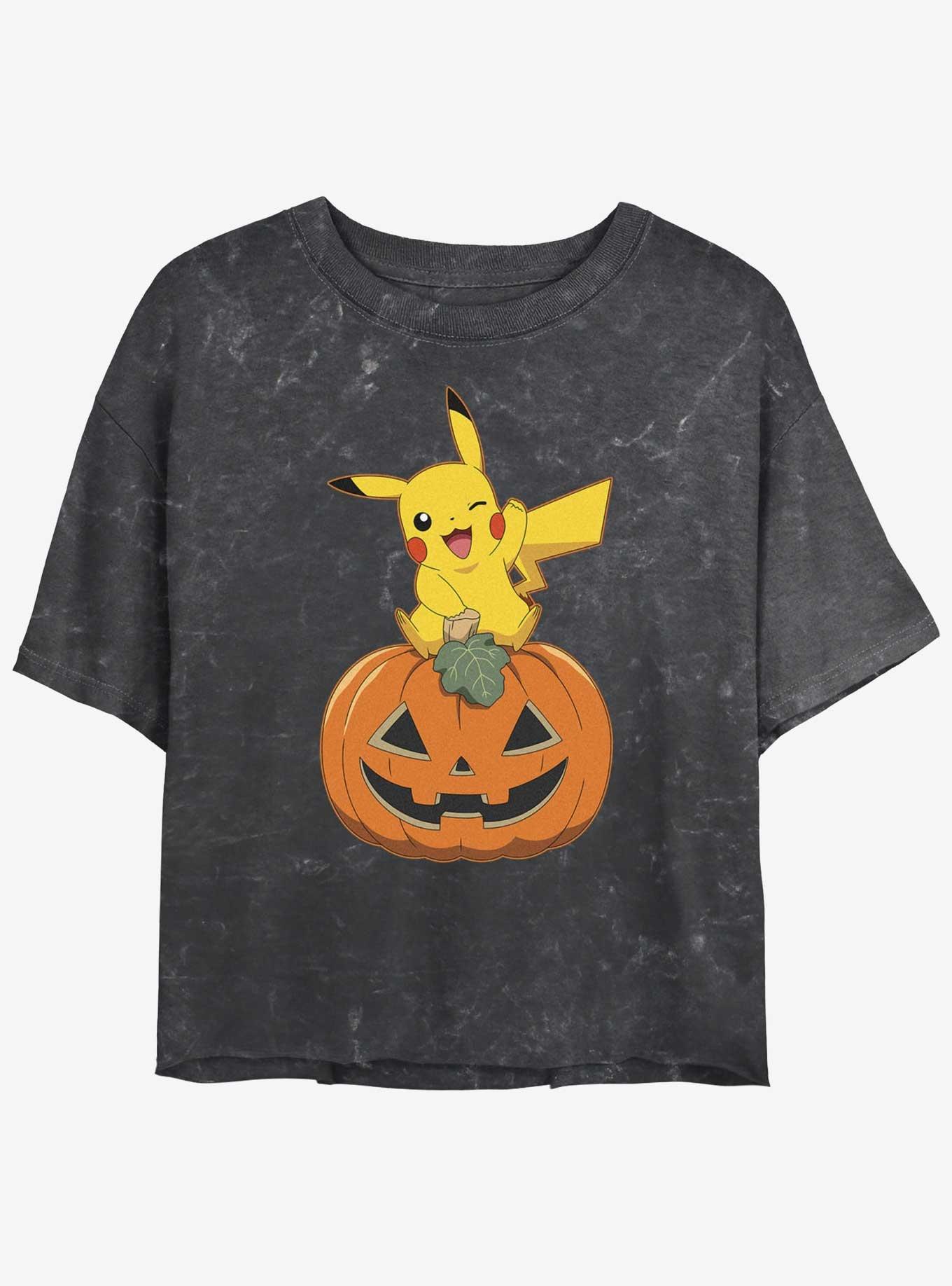 Pokemon Pikachu Pumpkin Womens Mineral Wash Crop T-Shirt, BLACK, hi-res