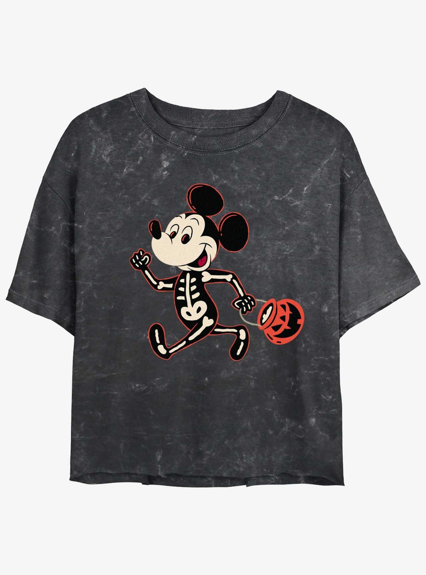 Disney Mickey Mouse Skeleton Costume Pumpkin Womens Mineral Wash Crop T-Shirt