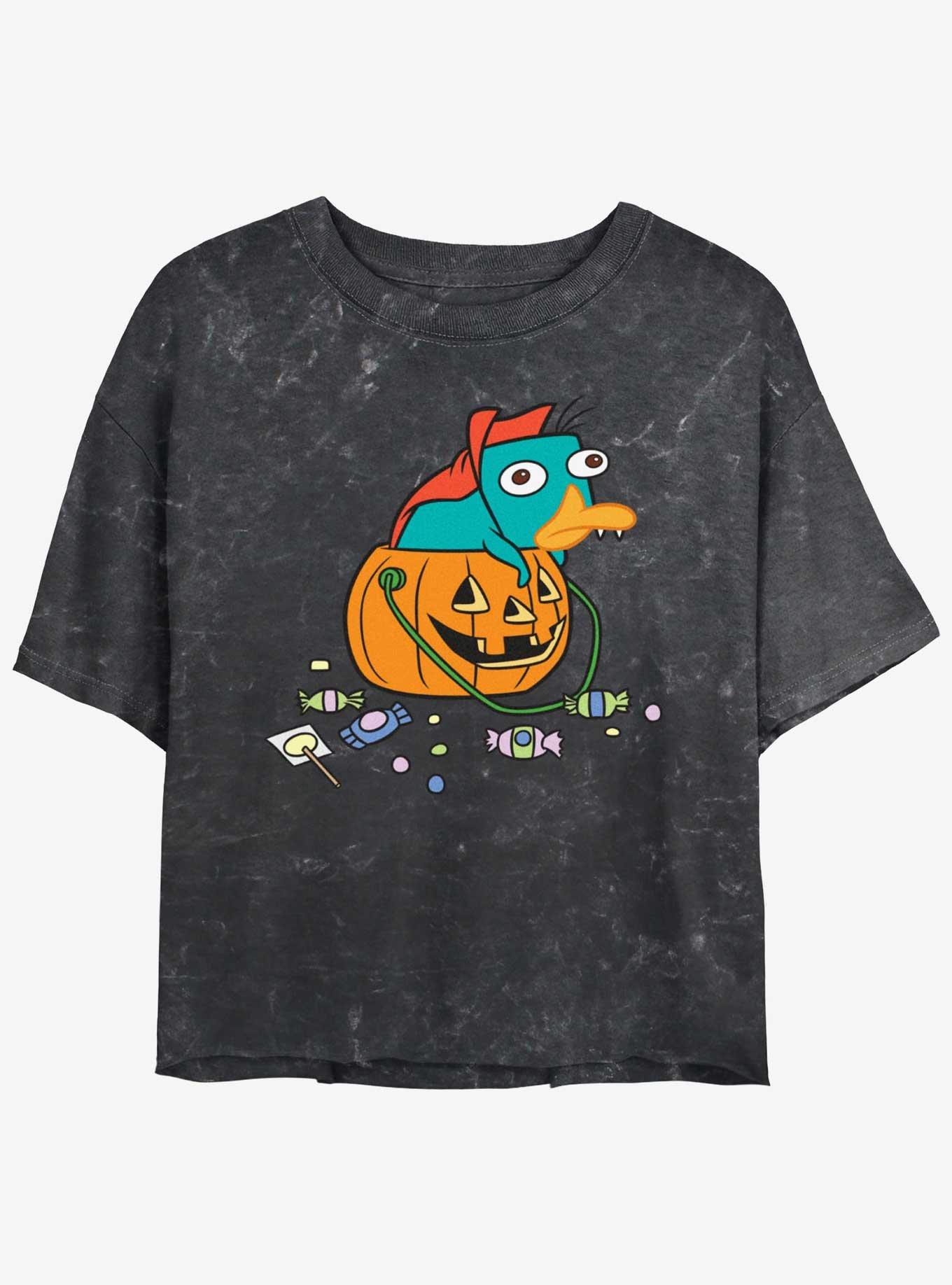 Disney Phineas and Ferb Fang Perry Womens Mineral Wash Crop T-Shirt, BLACK, hi-res