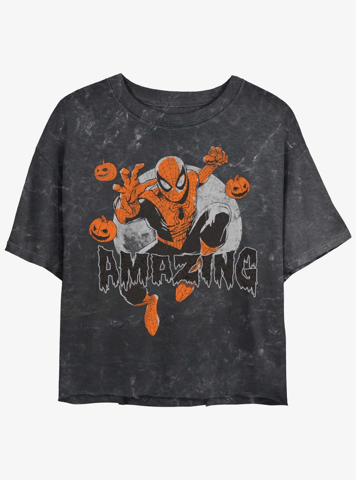 Marvel Spider-Man Amazingly Fly Womens Mineral Wash Crop T-Shirt, BLACK, hi-res