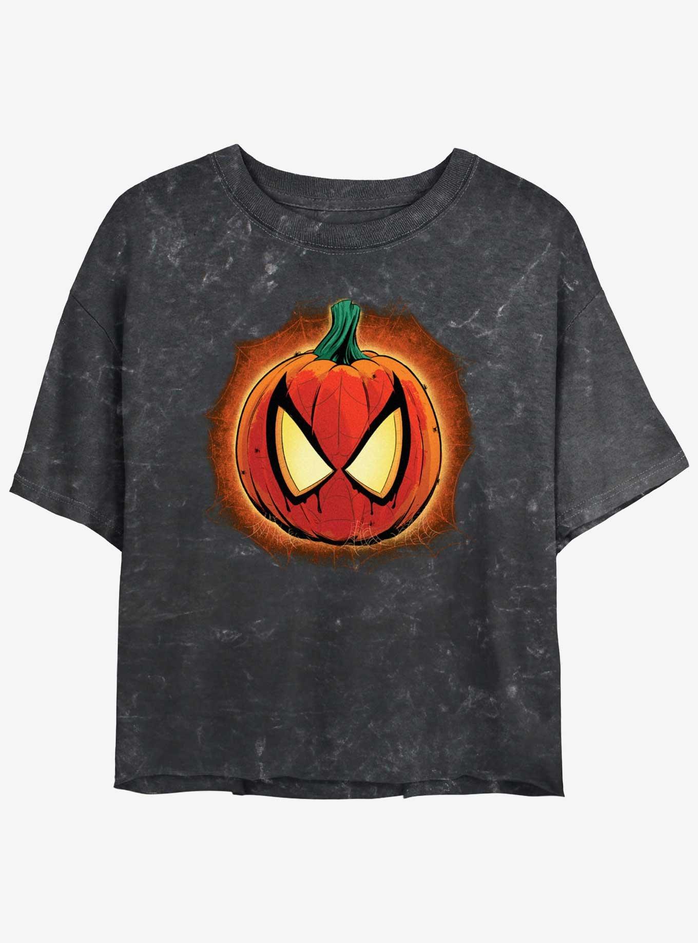 Marvel Spider-Man Pumpkin Womens Mineral Wash Crop T-Shirt, BLACK, hi-res