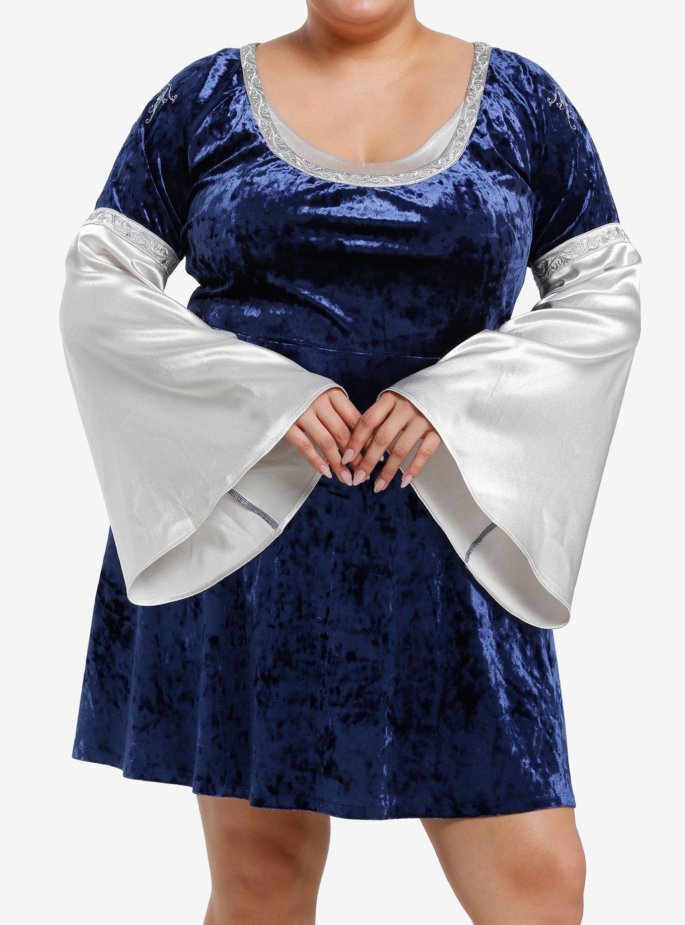 The Lord Of The Rings Arwen Velvet Bell Sleeve Dress Plus Size, BLUE  WHITE, hi-res