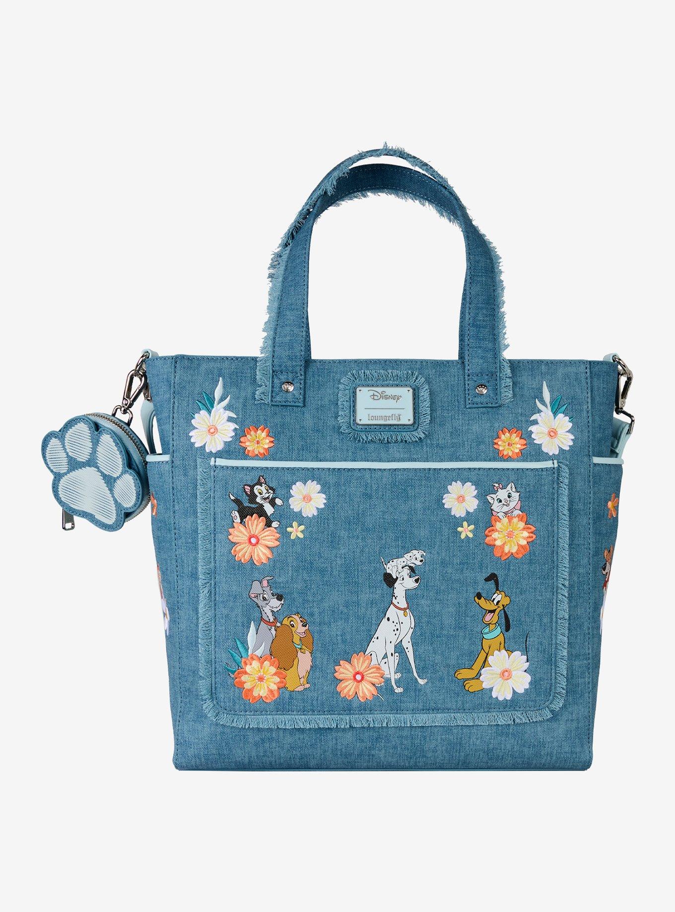 Loungefly Disney Dogs and Cats Floral Denim Fringe Tote Bag with Coin Purse, , hi-res