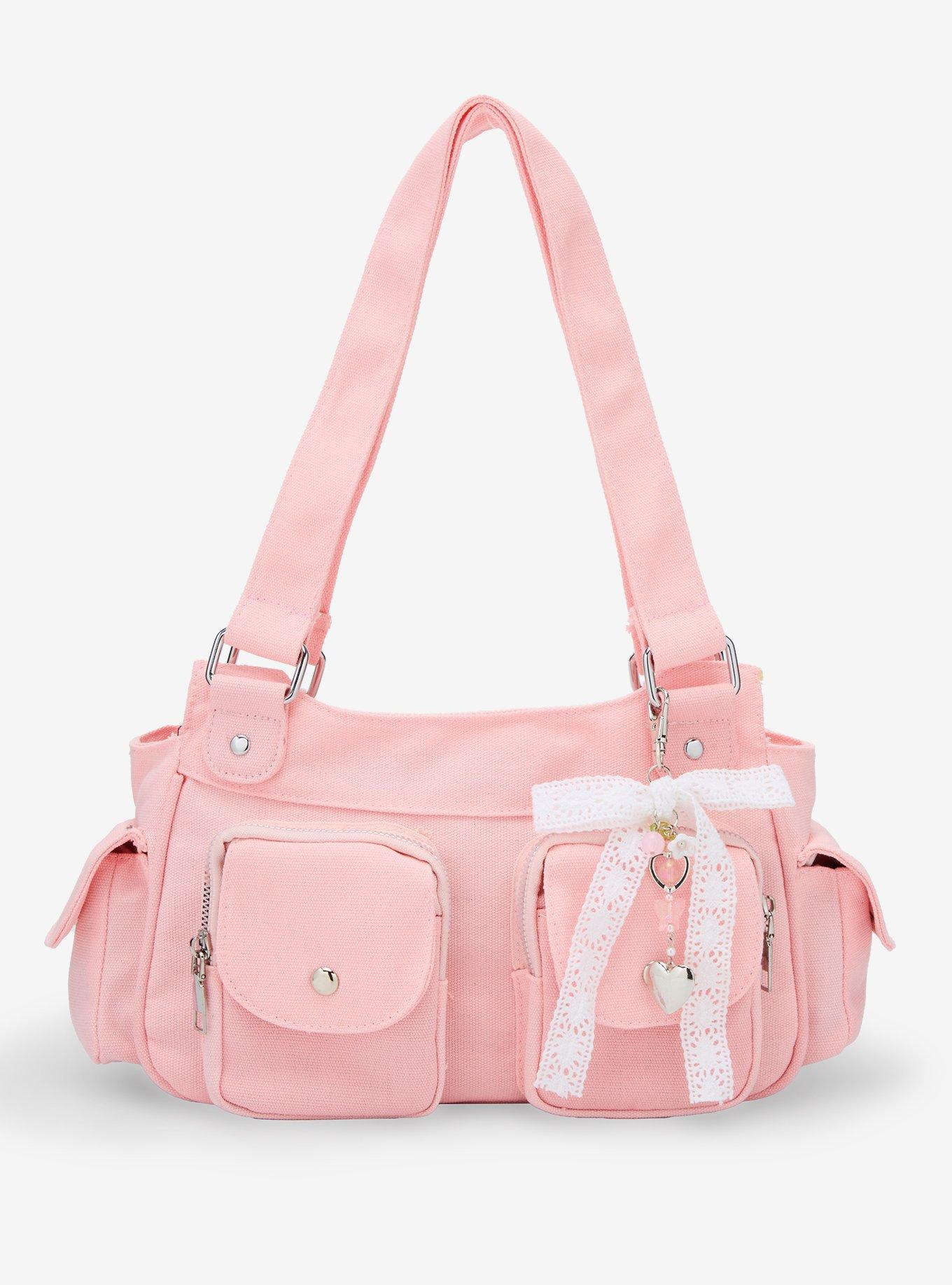 Pink Bow Charm Multi-Pocket Canvas Shoulder Bag, , hi-res