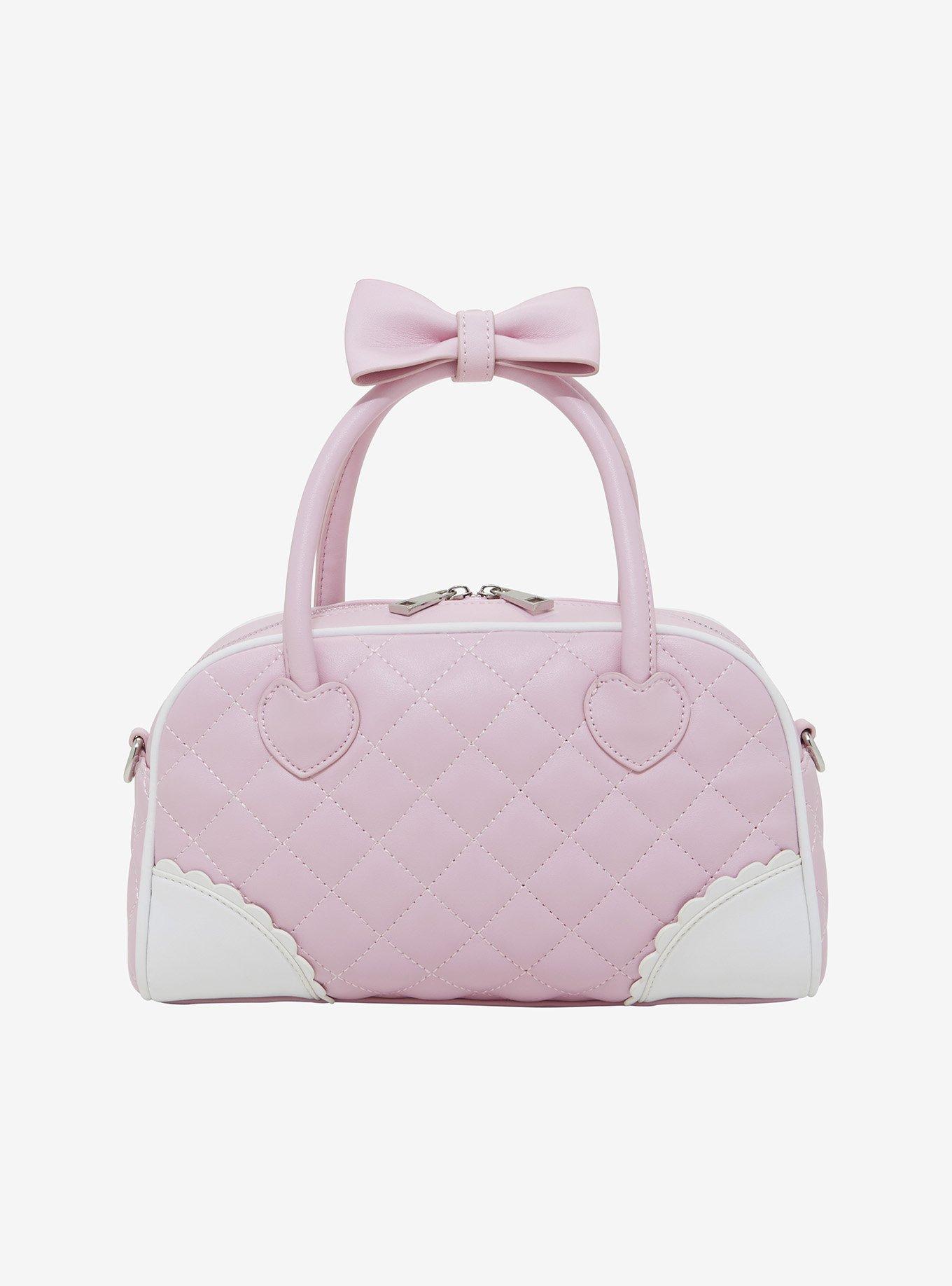 Pink Quilted Heart Bow Bowler Handbag, , hi-res