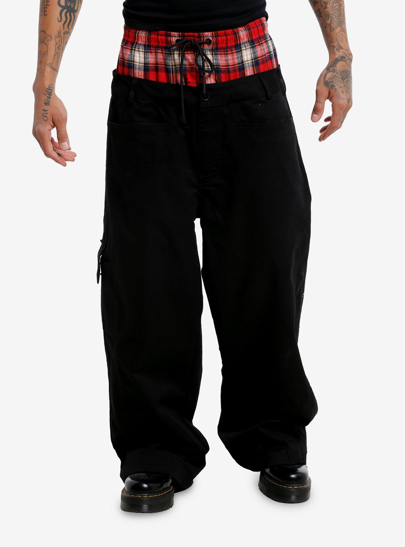 Black & Red Plaid Faux Boxers Wide Leg Pants, , hi-res