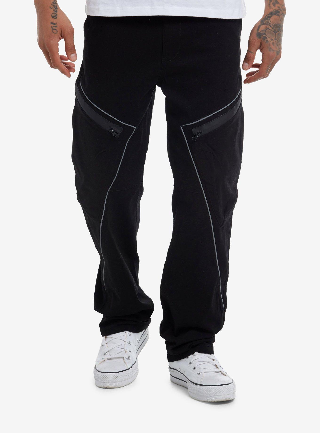 Black Reflective Zipper Pocket Slim Straight Pants, , hi-res