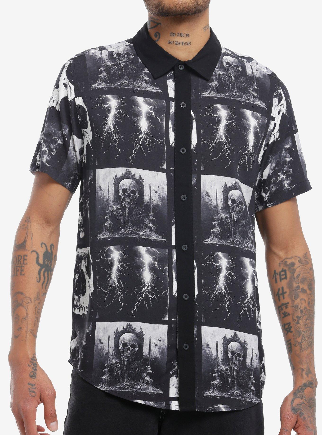 HOTTOPIC Social Collision Skulls & Lightning Bolts Woven Button-Up
