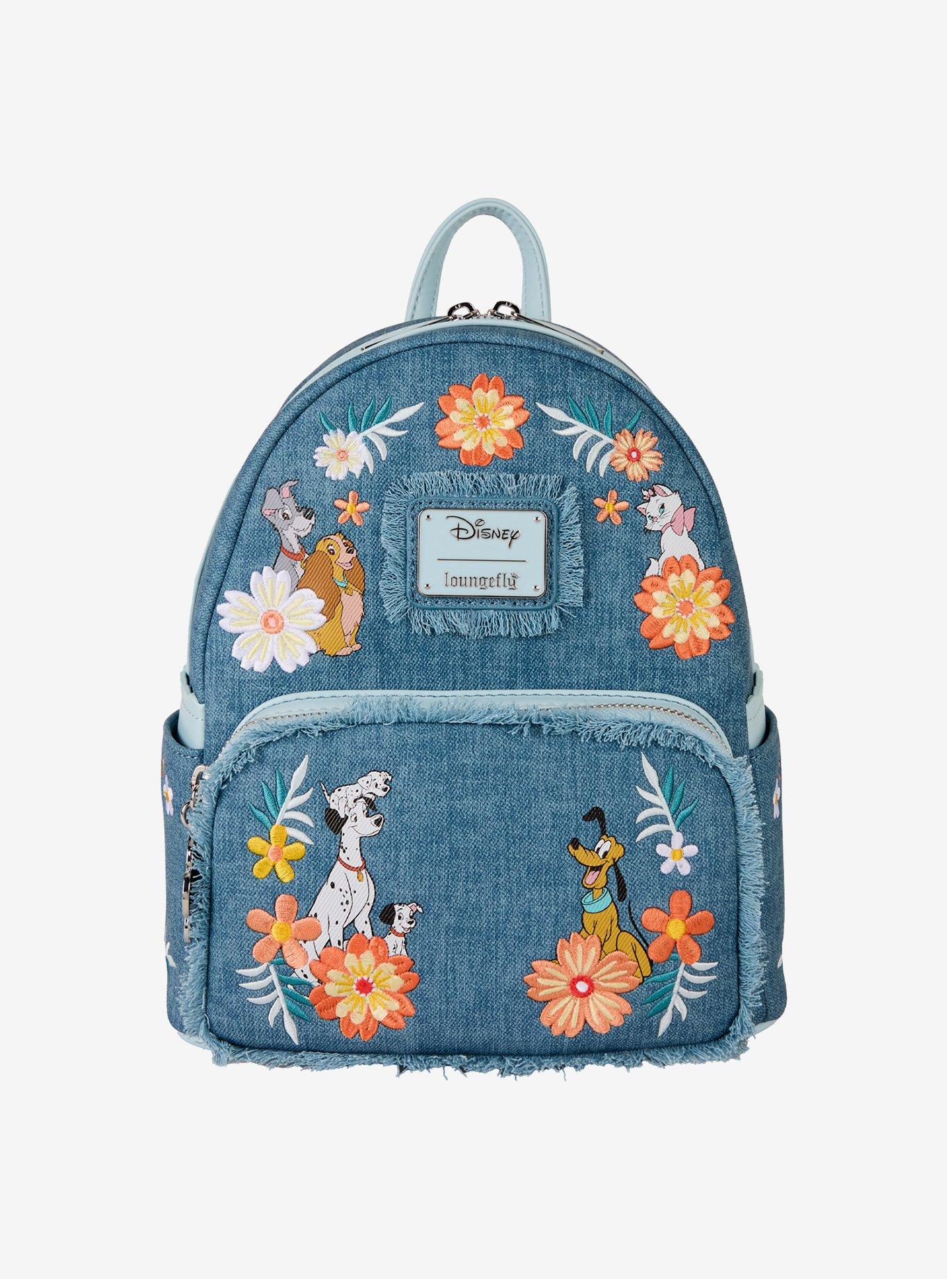 Loungefly Disney Dogs and Cats Floral Denim Fringe Mini Backpack, , hi-res