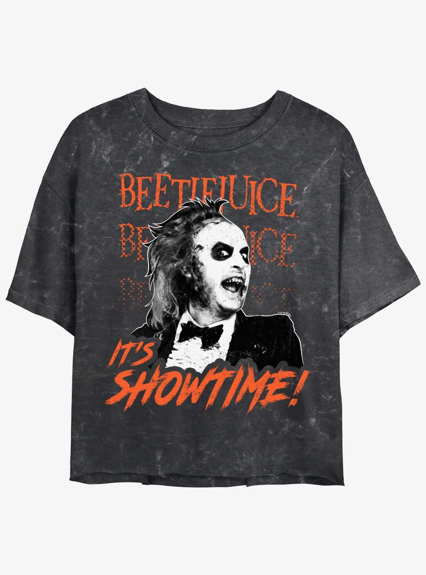 Beetlejuice It's Showtime Womens Mineral Wash Crop T-Shirt, BLACK, hi-res