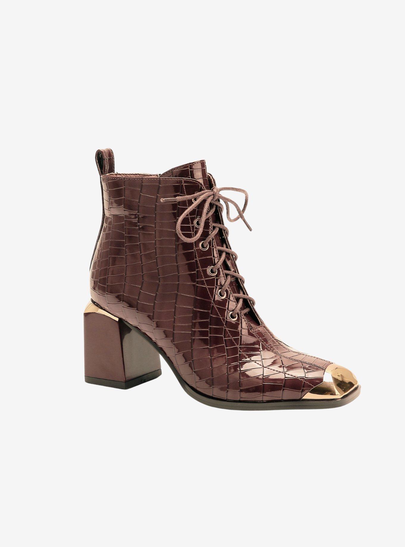 Fantastic Croc Patent Lace Up Bootie Brown Hot Topic