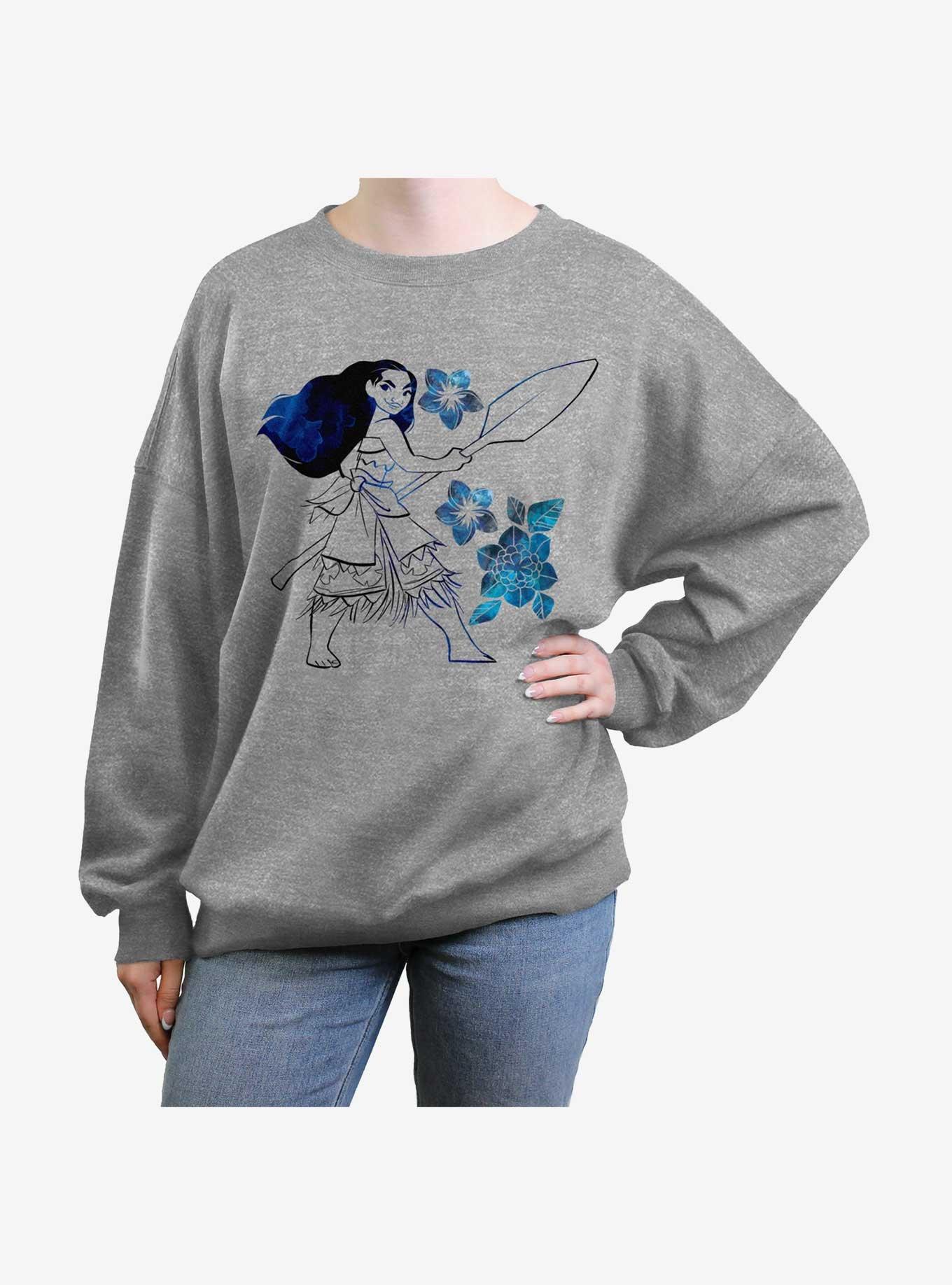 Disney Moana Watercolor Flowers Womens Oversized Sweatshirt, HEATHER GR, hi-res