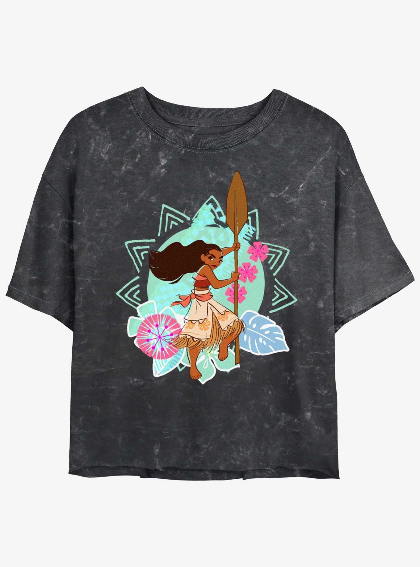 Disney Moana Tropical Floral Womens Mineral Wash Crop T-Shirt, BLACK, hi-res