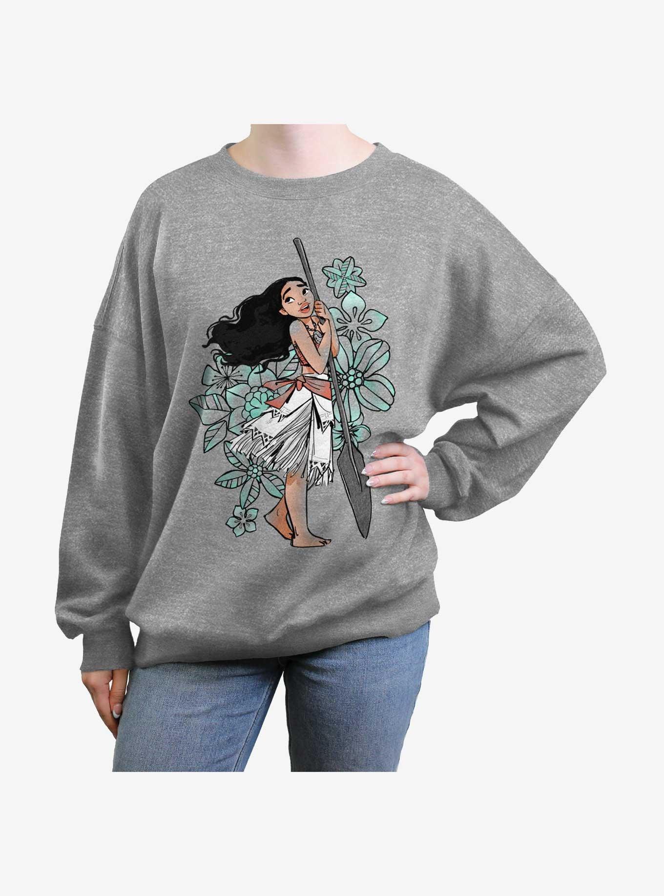 Disney Moana Floral Pose Womens Oversized Sweatshirt, HEATHER GR, hi-res