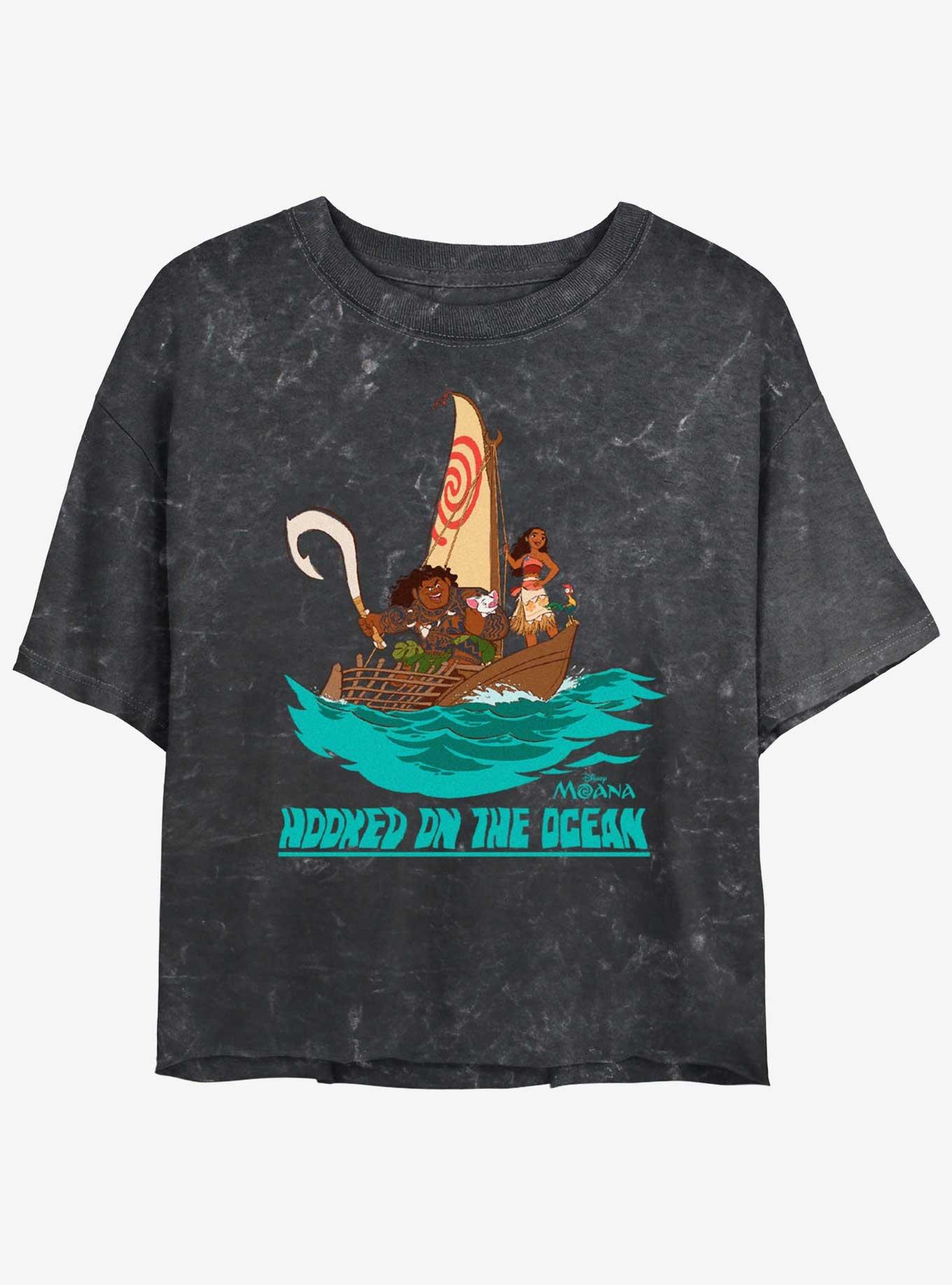 Disney Moana Hooked On The Ocean Womens Mineral Wash Crop T-Shirt, , hi-res