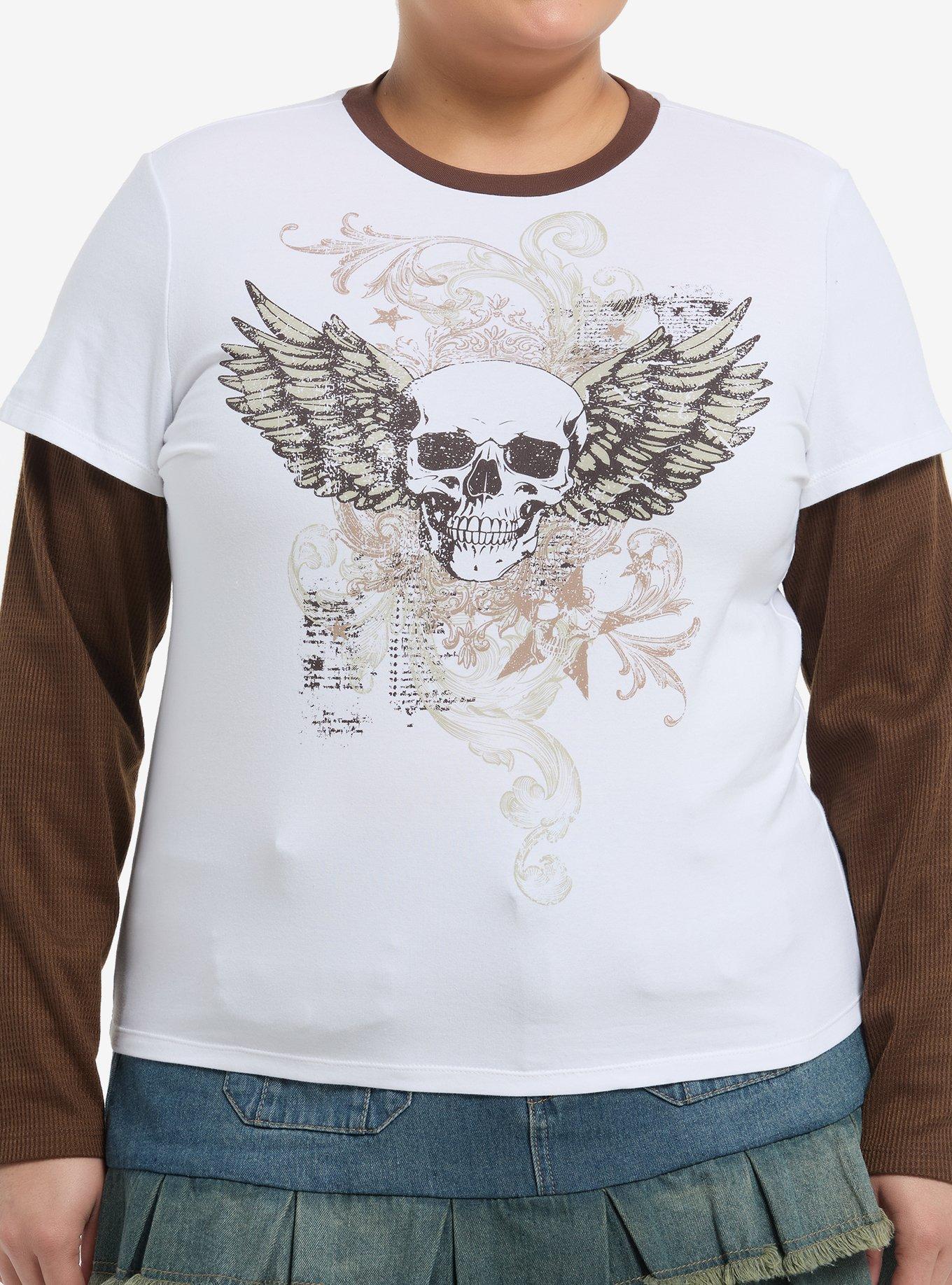 Winged Skull White & Brown Girls Twofer Long-Sleeve T-Shirt Plus Size, , hi-res