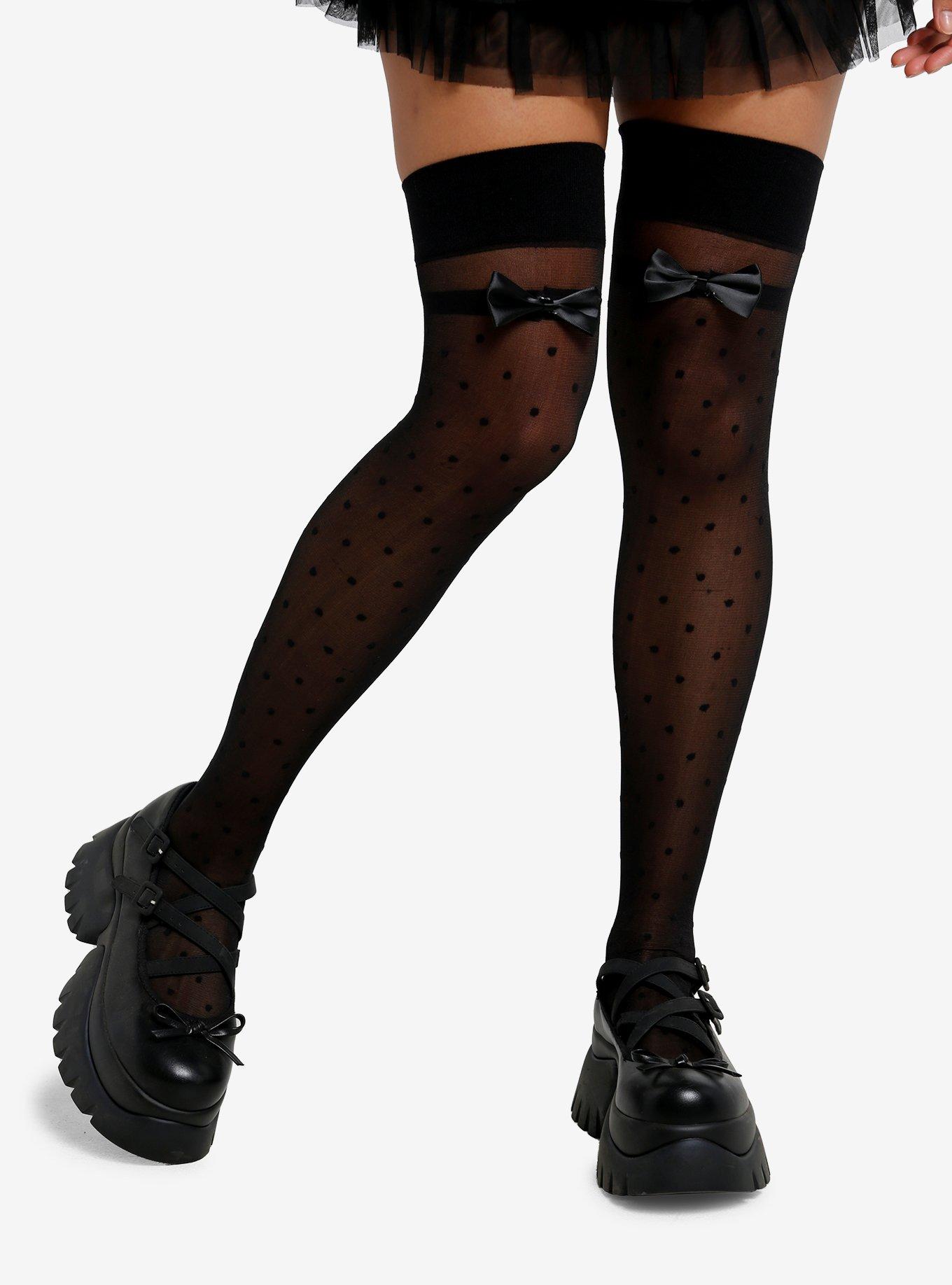 Black Bow Polka Dot Sheer Knee-Highs, , hi-res