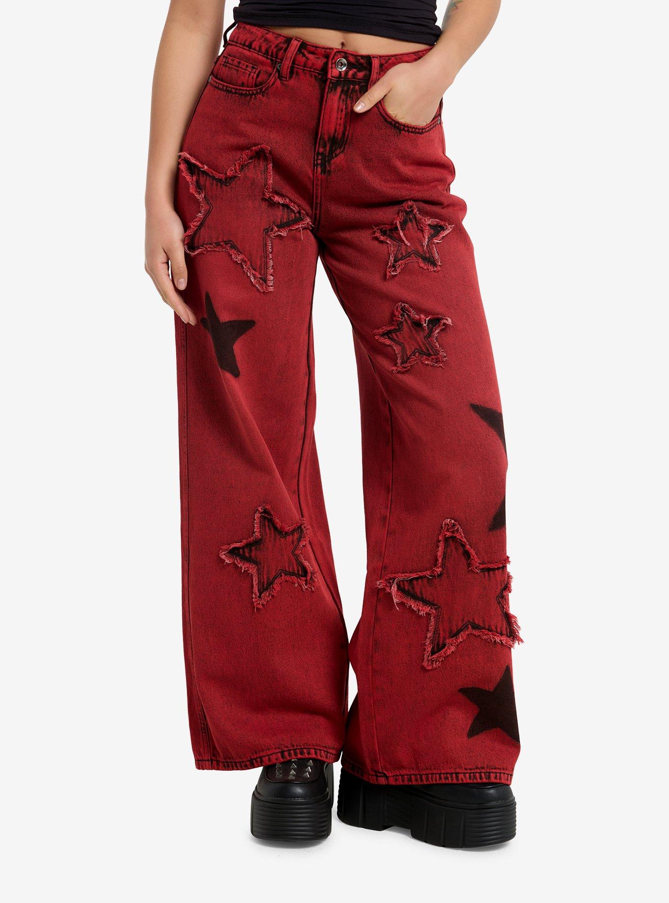 Red Wash Frayed Star Wide Leg Denim Pants