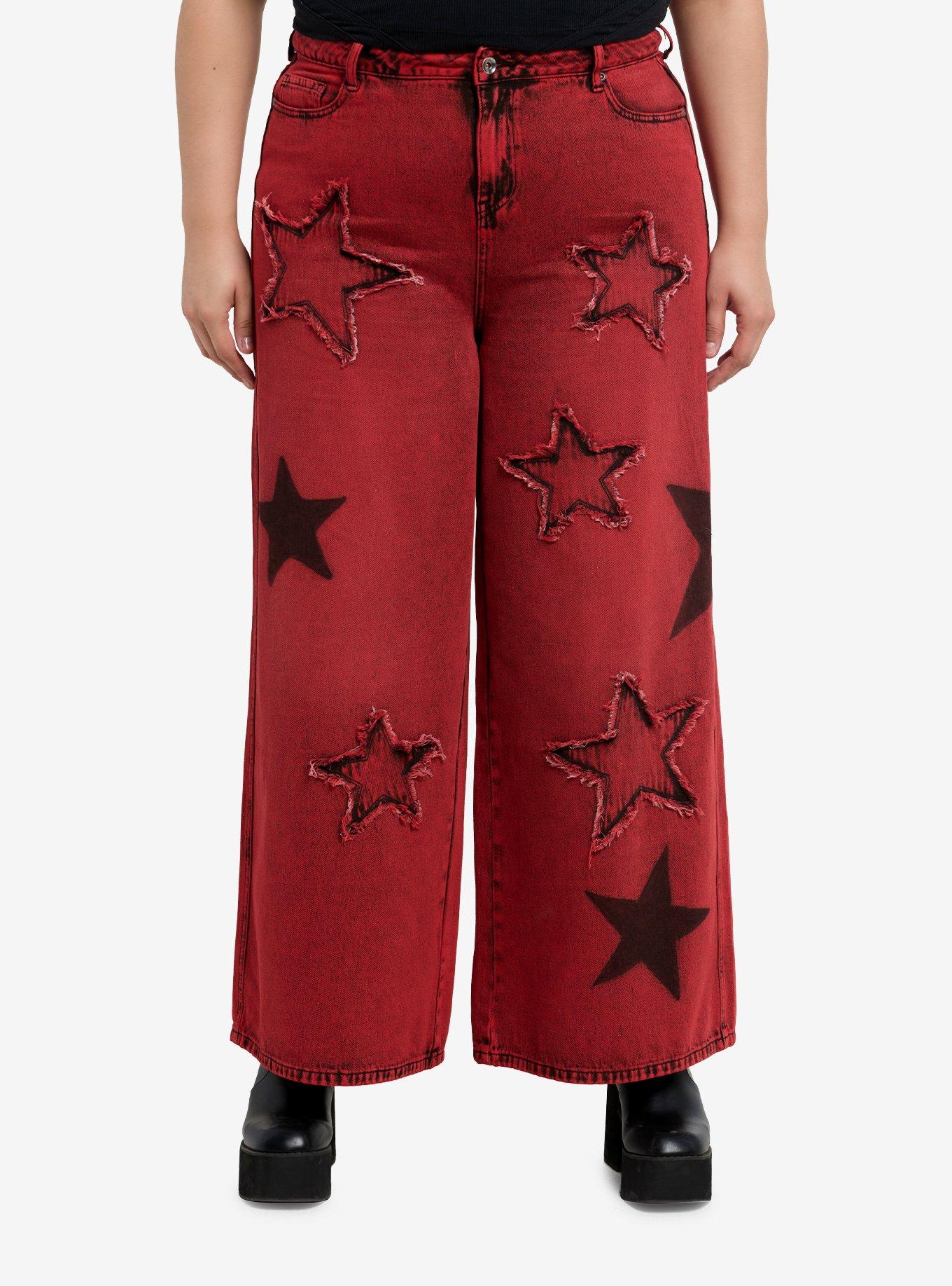 Red Wash Frayed Star Wide Leg Denim Pants Plus Size, , hi-res