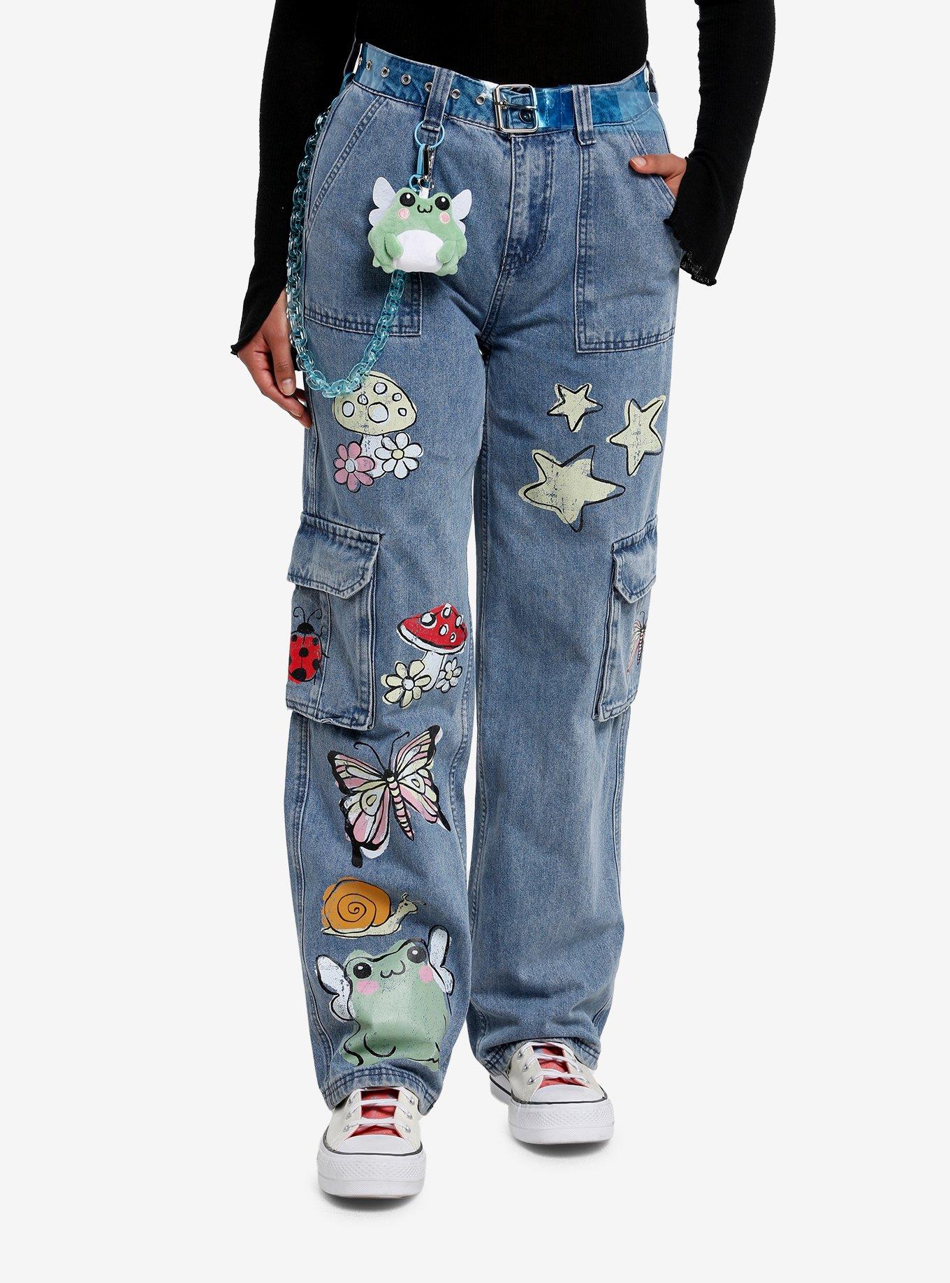 Light Wash Cute Critter Wide Leg Denim Pants With Belt, , hi-res