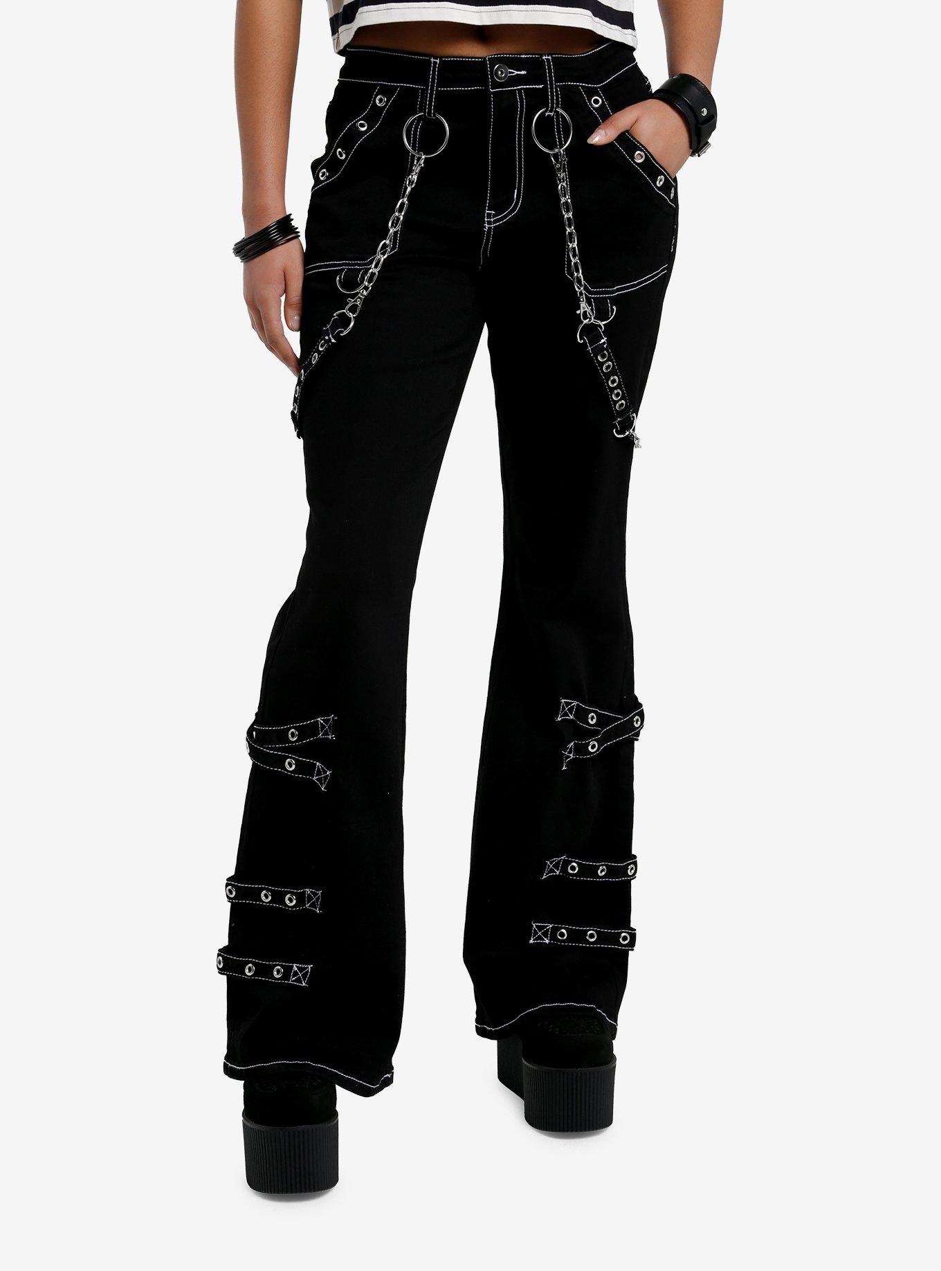 Black & White Contrast Stitch Grommet Chain Suspender Flare Pants, , hi-res