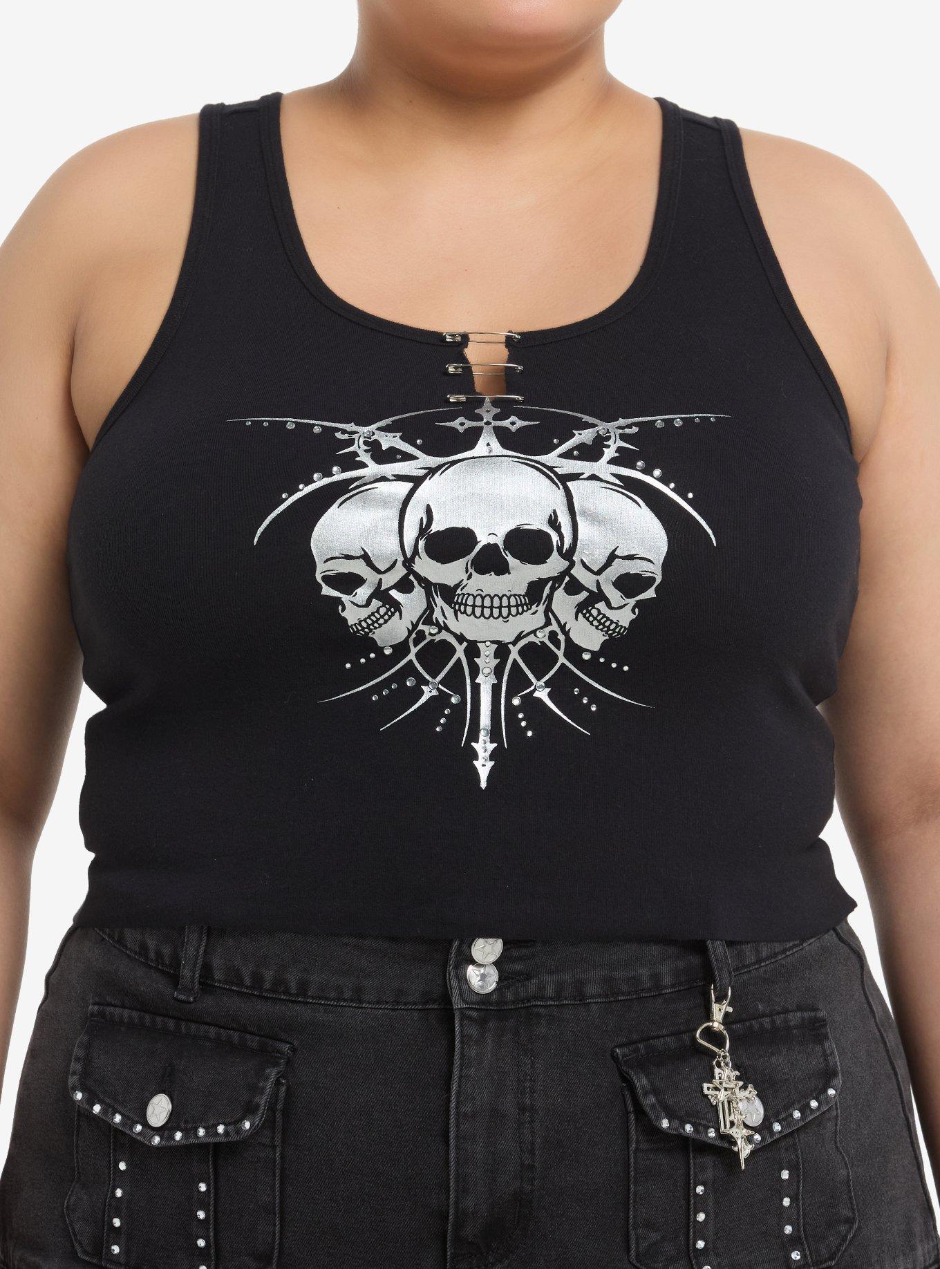 Skull Trio Rhinestone Girls Crop Tank Top Plus Size, , hi-res