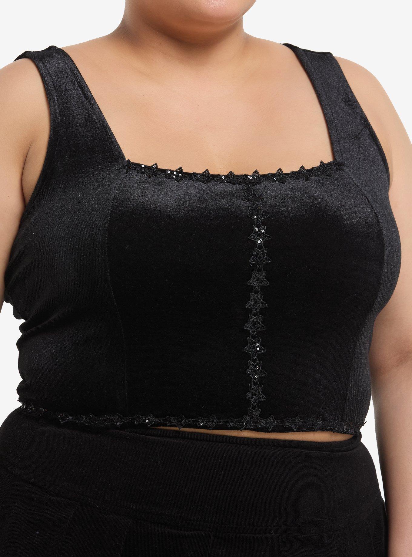 Cosmic Aura Black Velvet Star Girls Crop Corset Tank Top Plus Size, , hi-res