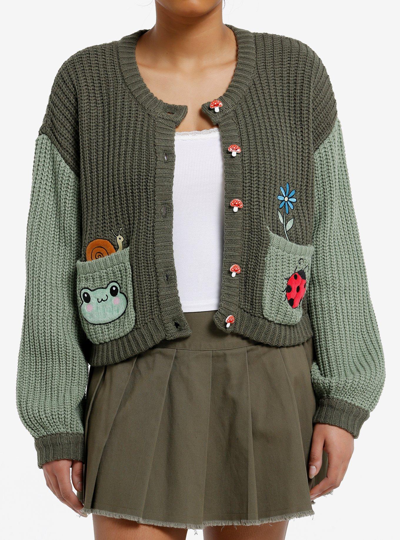 Sweet Society Green Color-Block Snail Mushroom Girls Crop Cardigan, , hi-res