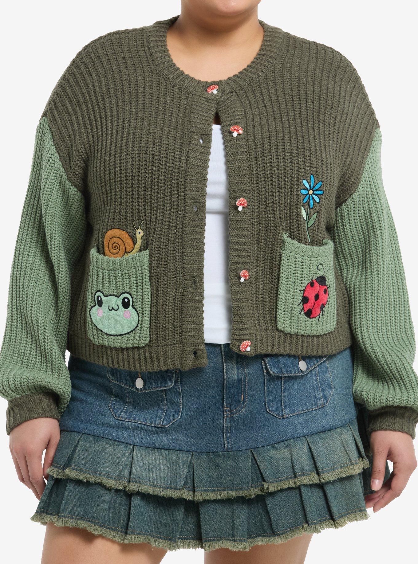 Sweet Society Green Color-Block Snail Mushroom Girls Crop Cardigan Plus Size, , hi-res