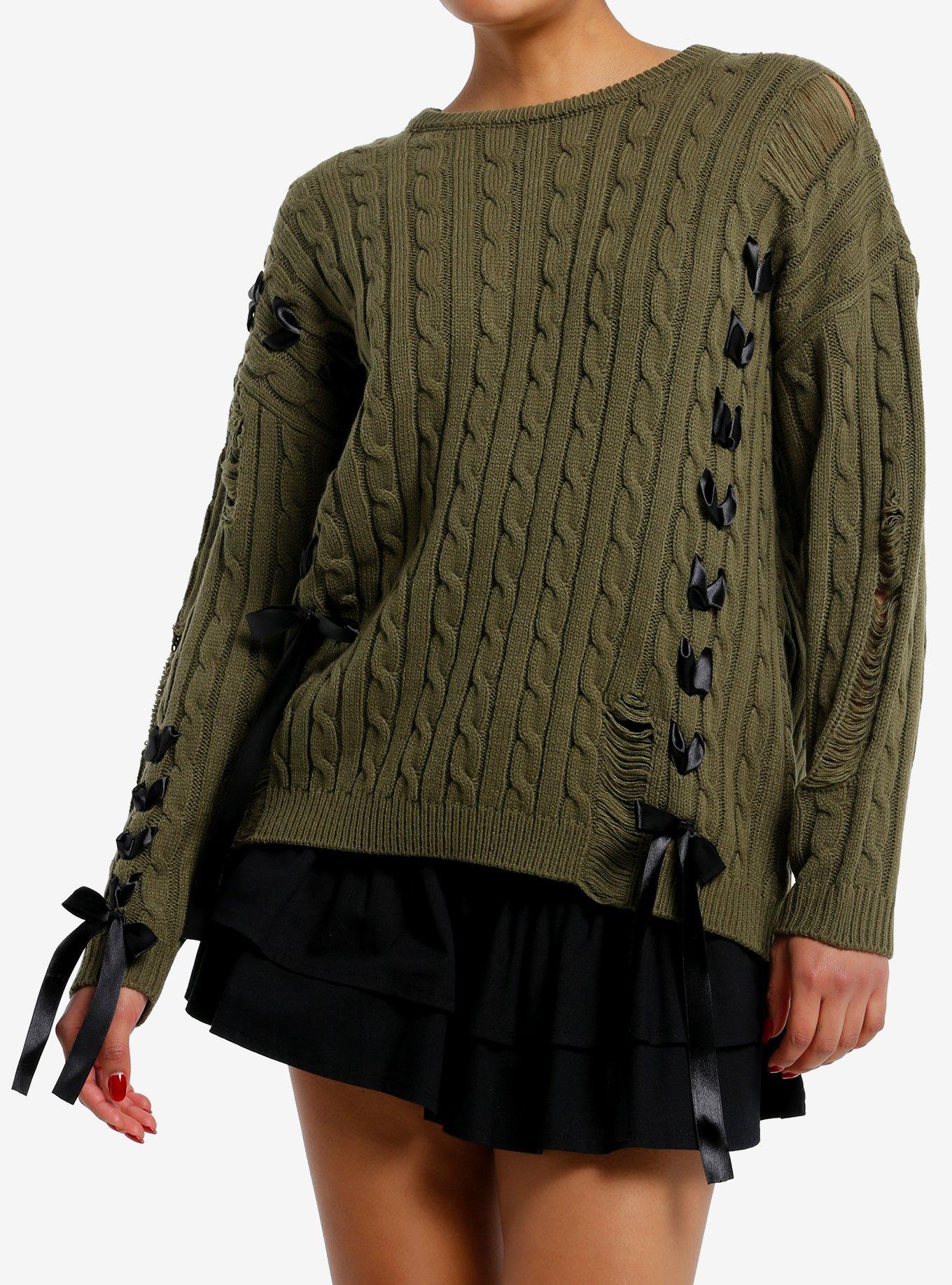 Olive Green Black Ribbon Lace-Up Girls Sweater, , hi-res