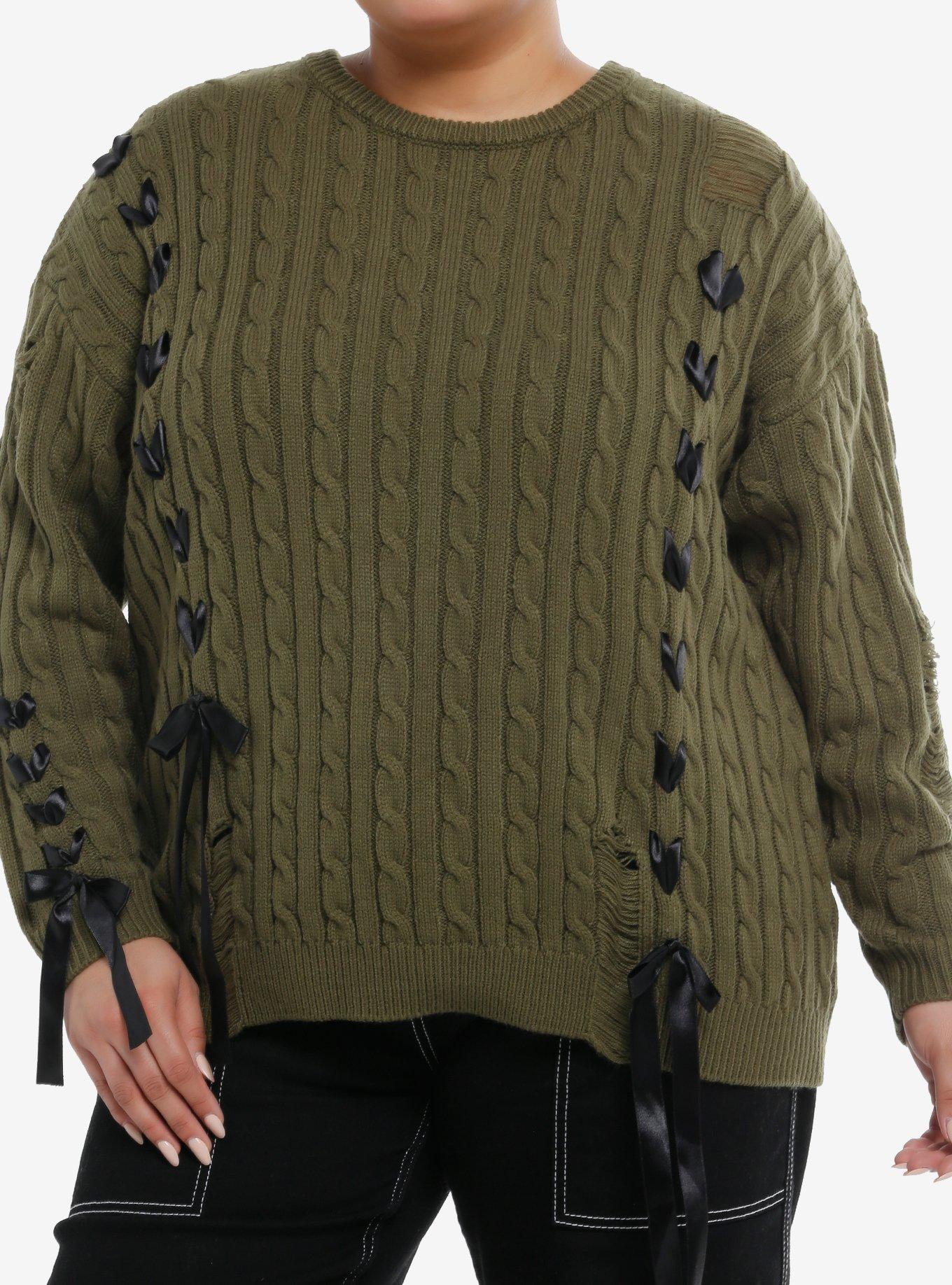 Olive Green Black Ribbon Lace-Up Girls Sweater Plus Size, , hi-res