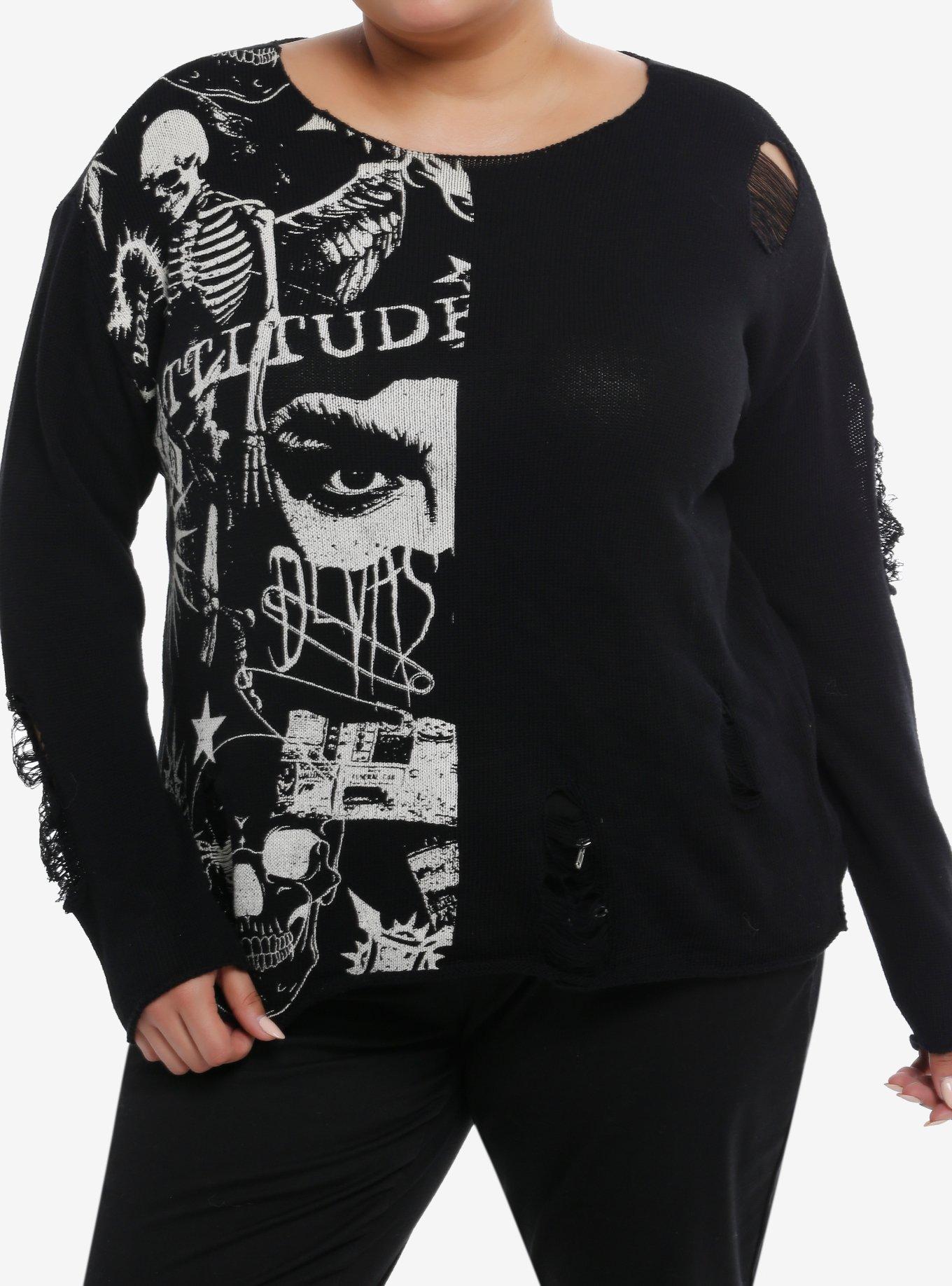 HOTTOPIC Punk Skeleton Face Split Destructed Girls Sweater Plus Size