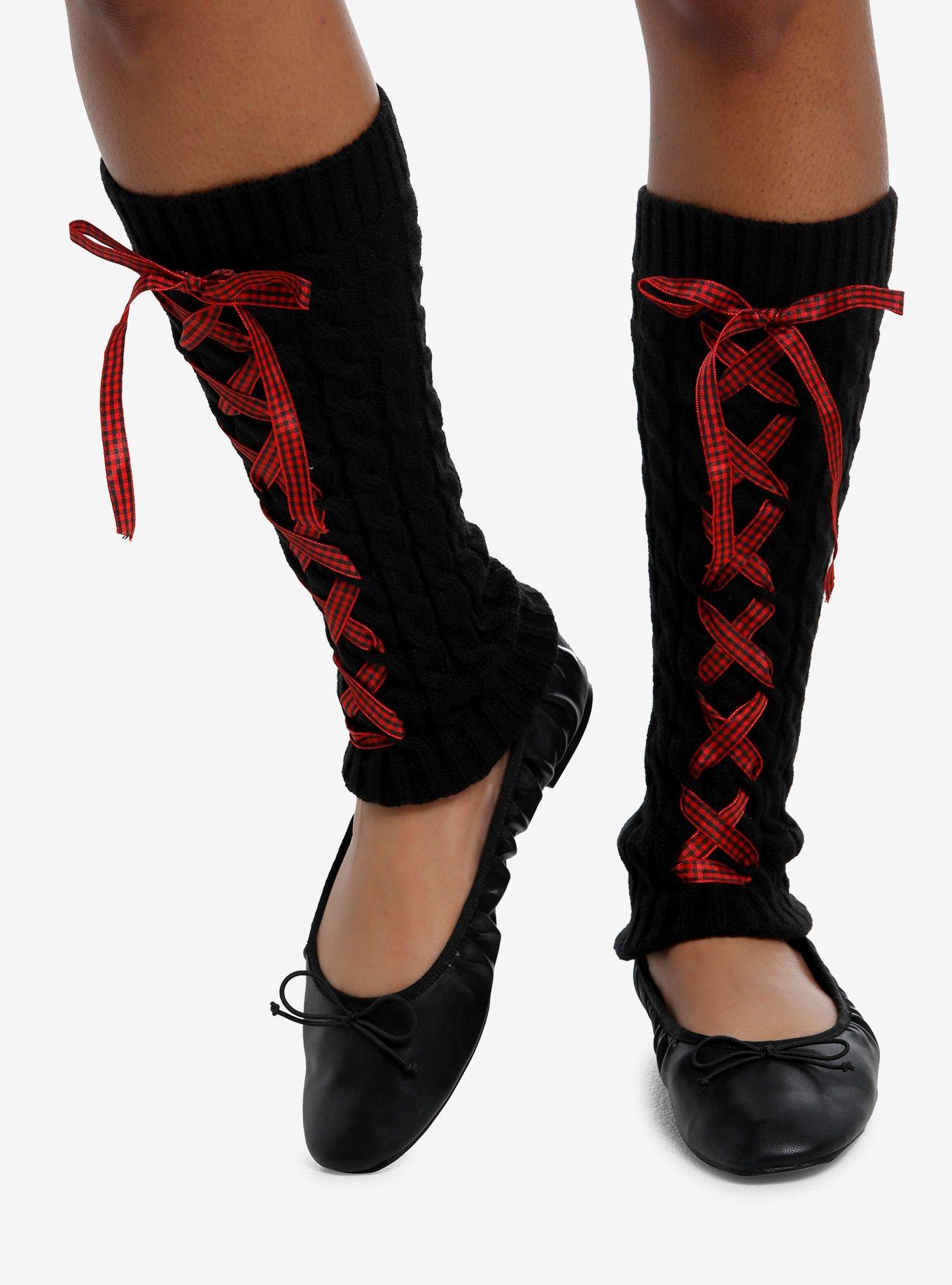 Black & Red Gingham Lace-Up Leg Warmers, , hi-res