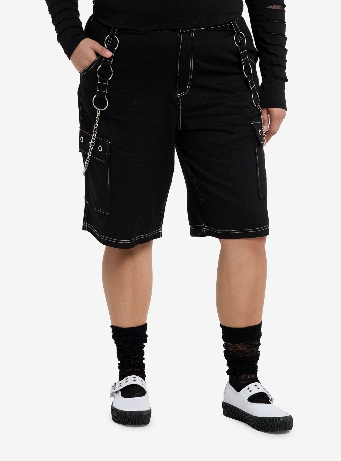 Black Grommet & Chain Cargo Shorts Plus Size, , hi-res