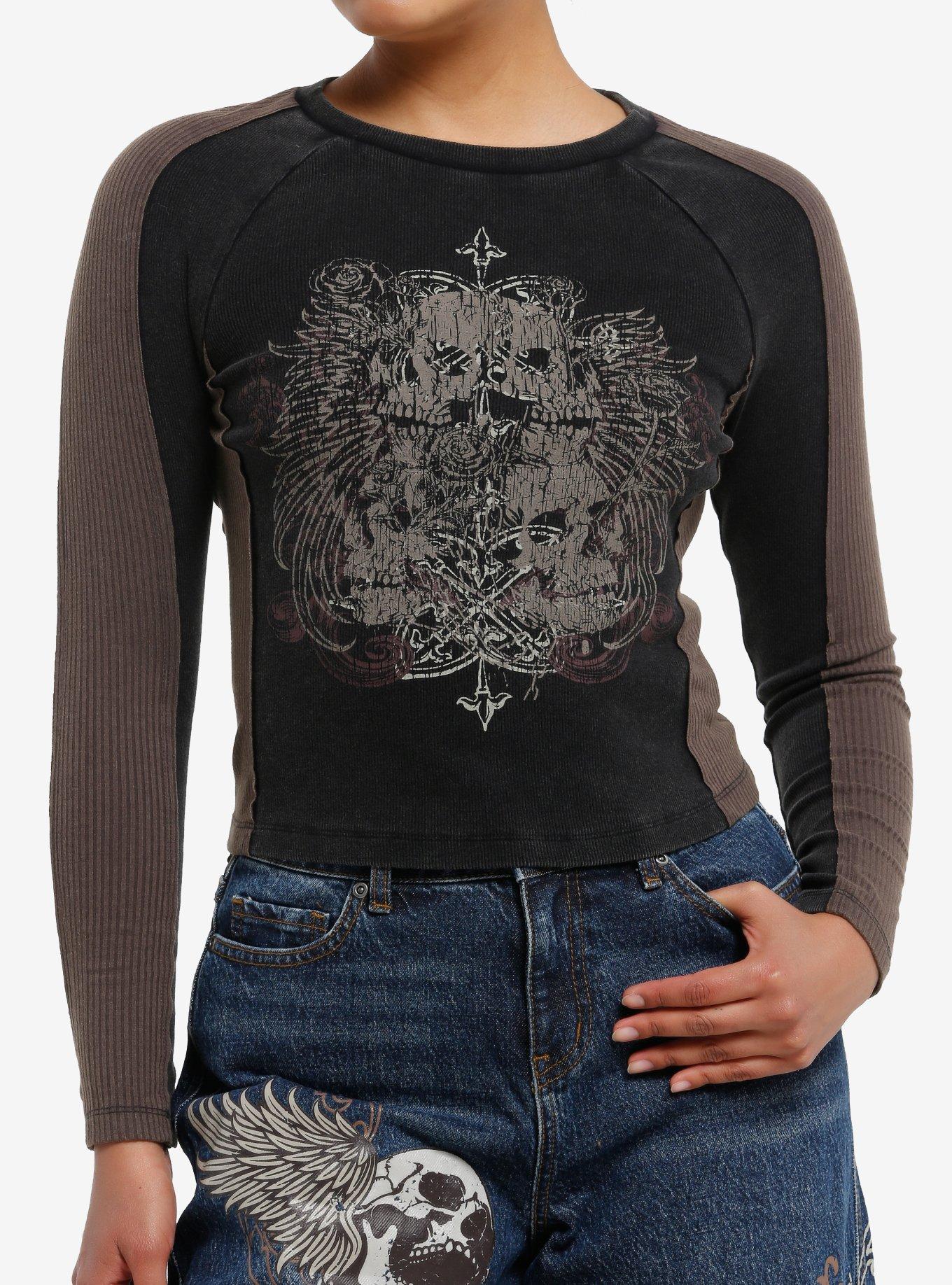 Social Collision Grey Skull Winged Distressed Girls Long-Sleeve Top, , hi-res