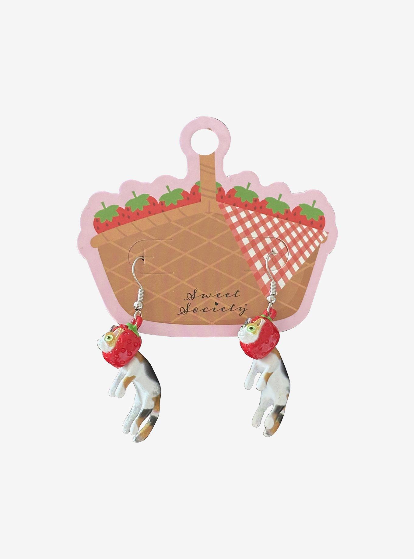 Sweet Society Strawberry Head Cat Earrings, , hi-res