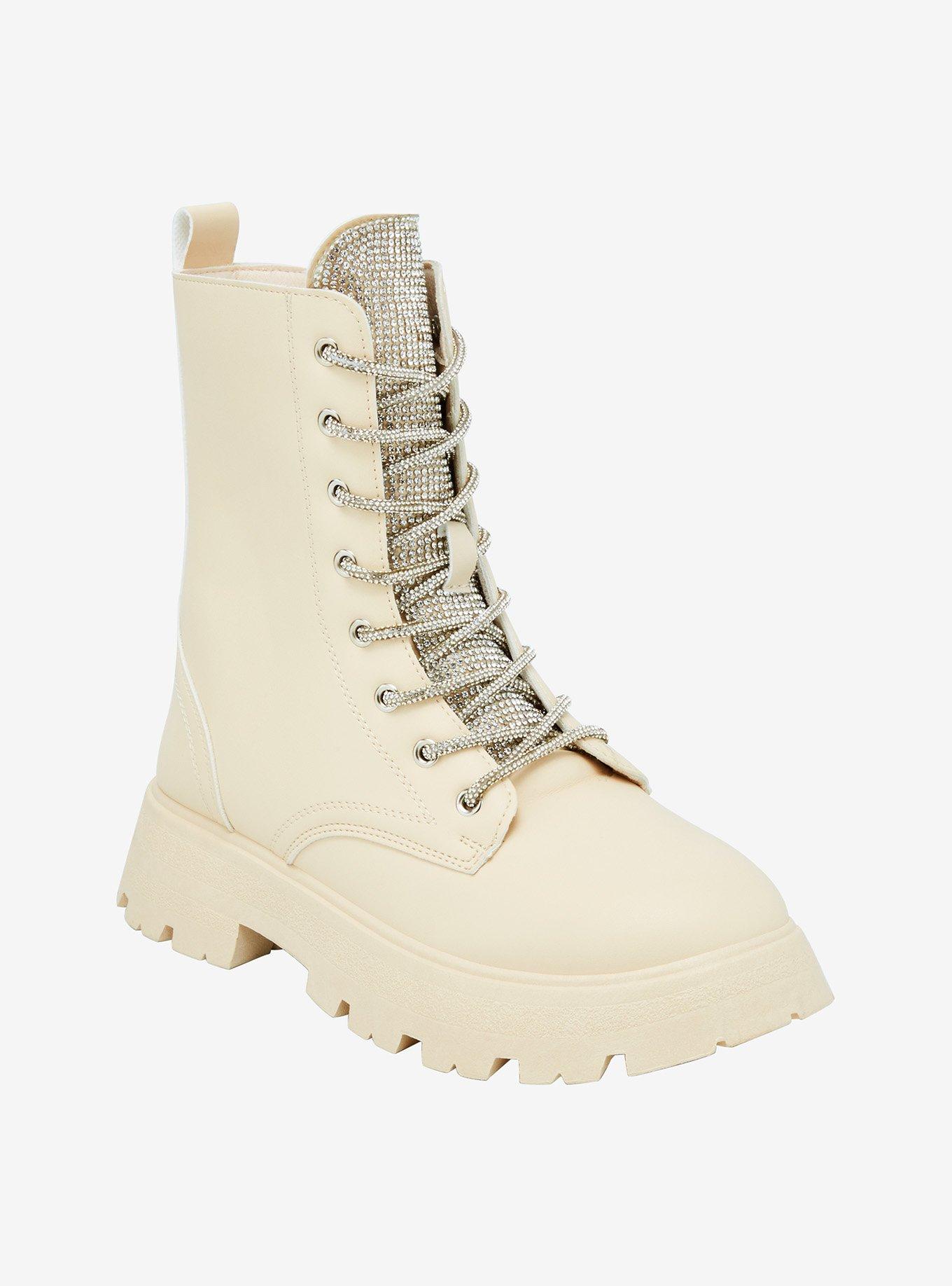 Yoki Cream & Silver Bling Platform Combat Boots, , hi-res